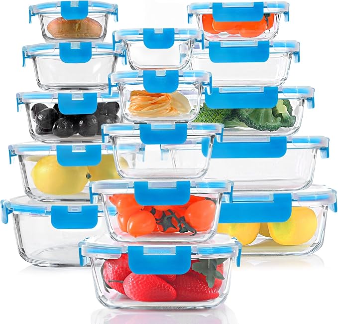 30 Pieces Glass Food Storage Containers Set, Glass Meal Prep Containers Set with Snap Locking Lids, Airtight Glass Lunch Containers, Microwave, Oven, Freezer & Dishwasher, Blue