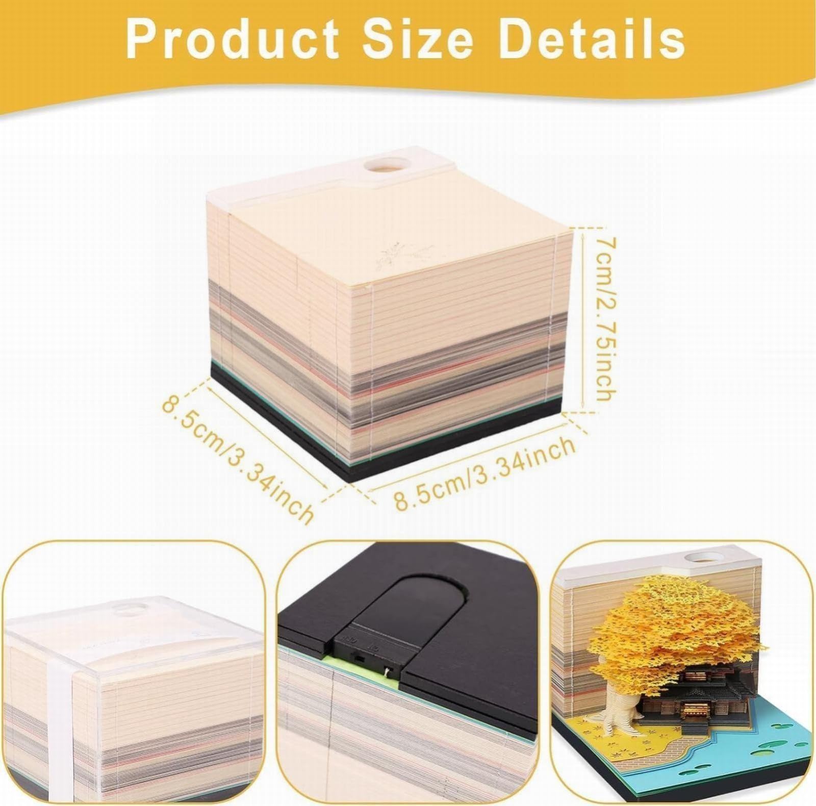 3D Bureaukalender, Creatief Memoblok met Penhouder Doe Het Zelf 3D Kunstkalender voor Thuiskantoor Desktopdecoratie Kerstcadeau Yellow Tree