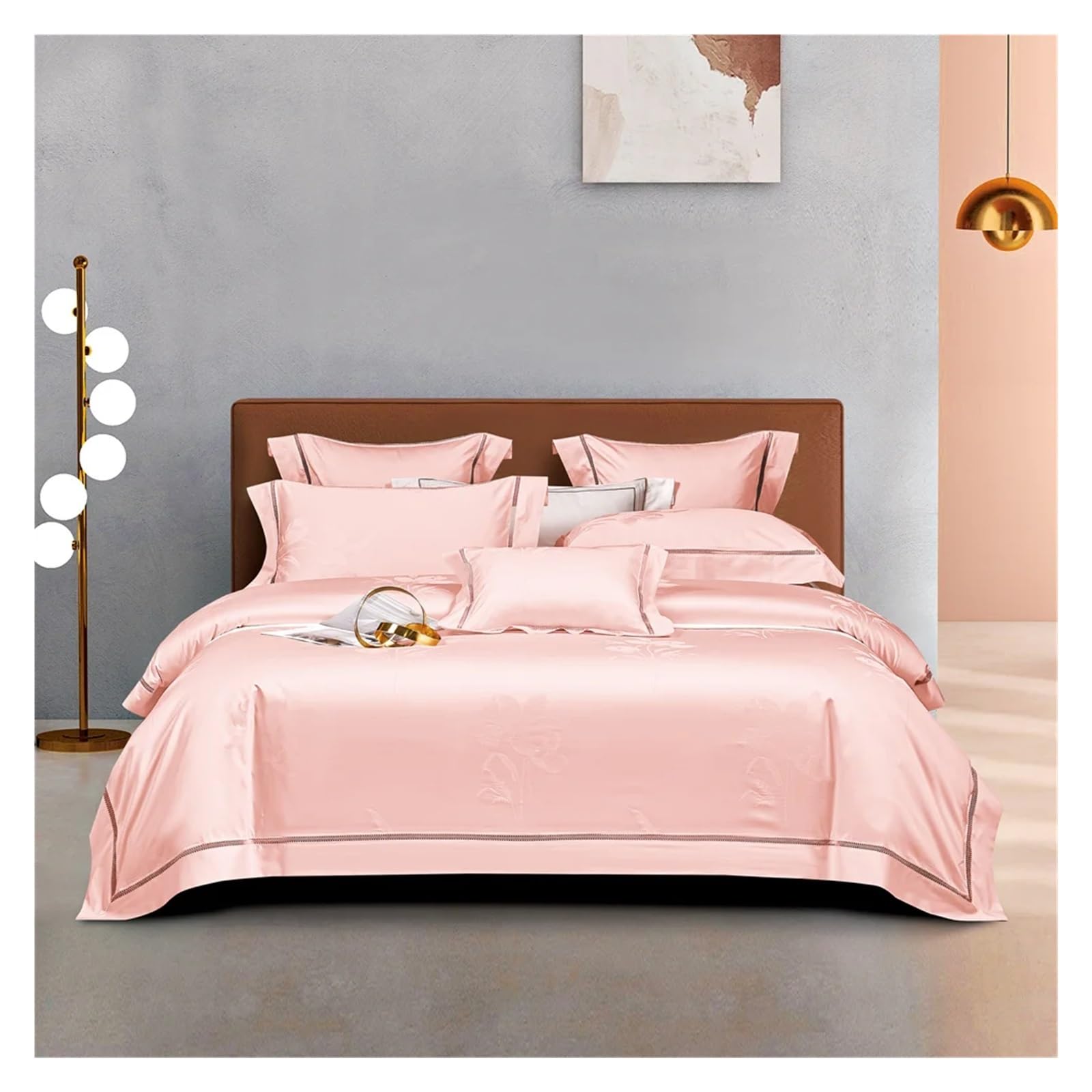 FYIYIEW double duvet set, European Dark gold Satin Egyptian Cotton Duvet Cover Set 4Pcs Jacquard Queen King Bedlinens