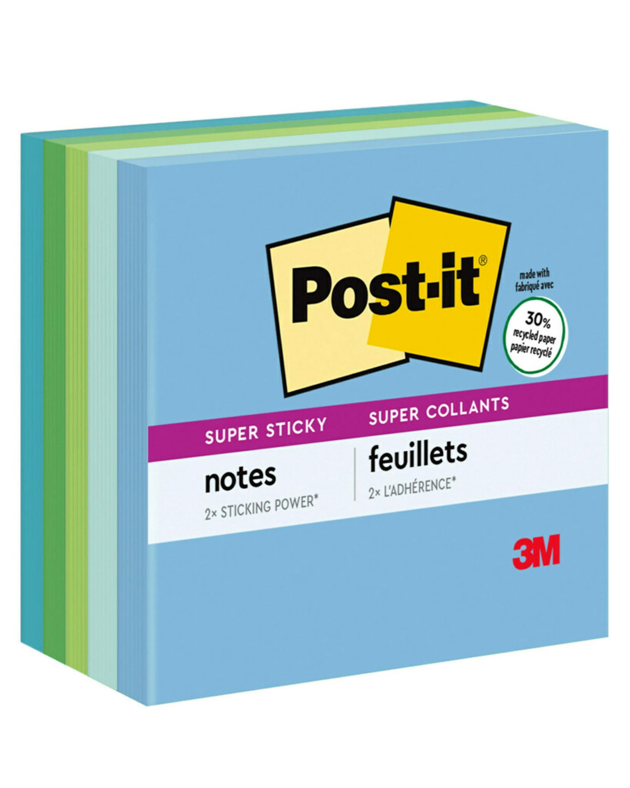Post-it Super Sticky Recycled Notes, 3x3 in, 5 Pads, 2X The Sticking Power, Oasis Collection, 30% Recycled Paper (654-5SST)