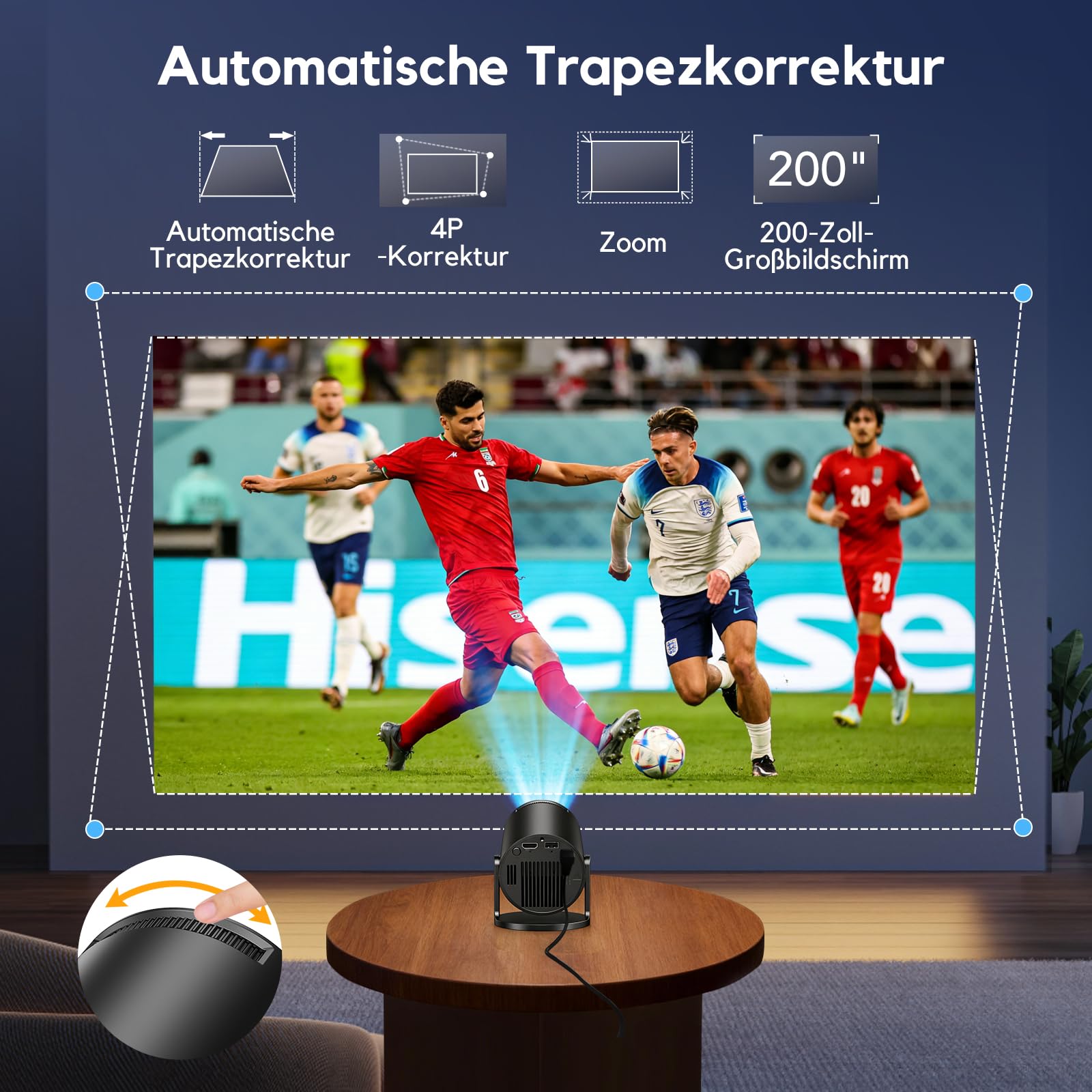 Smart Mini Beamer 1080P Unterstützt, Tragbarer Projektor AKIYO O2 mit WiFi 6 und Bluetooth 5.4, Beamer Klein mit 180° Drehbar und Auto Keystone, Kompatibel mit HDMI/Smartphone/USB/Laptop/PS5, Schwarz