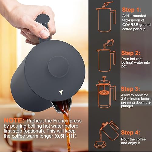 Miniatura 7 de Secura - Cafetera de prensa francesa de acero inoxidable 304 con 2 filtros adicionales