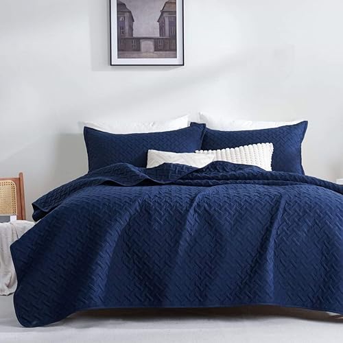 Juego de edredón tamaño Queen, colcha azul marino para todas las estaciones, colcha ligera y suave (1 edredón, 2 fundas de almohada)