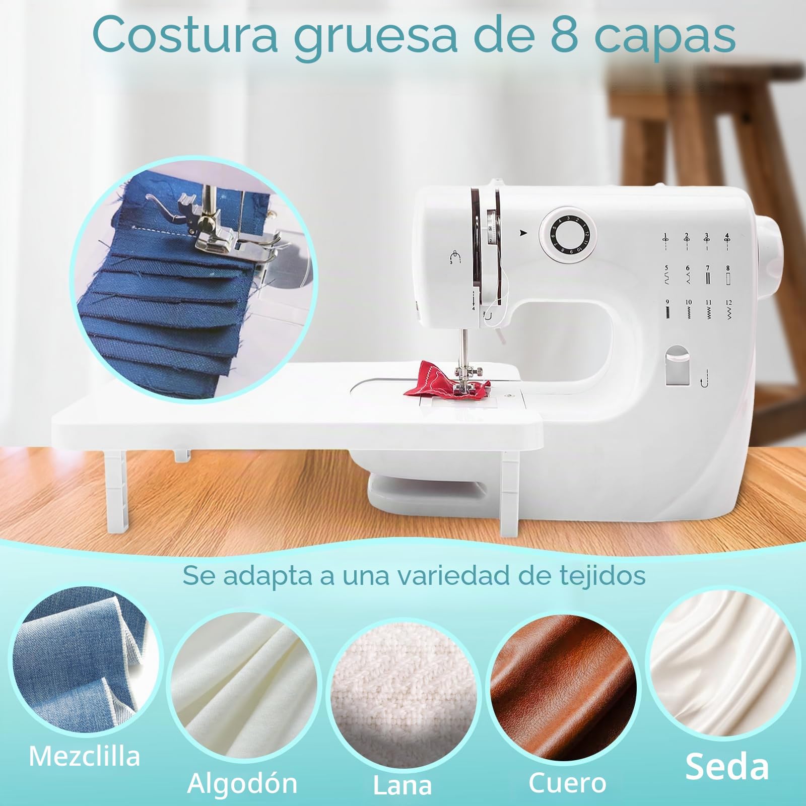 Máquina de Coser con Pedal Máquinas de Coser Eléctricas Multifuncionales para Principiantes, 12 Puntadas Máquina de Coser Portátil con Kit de Costura