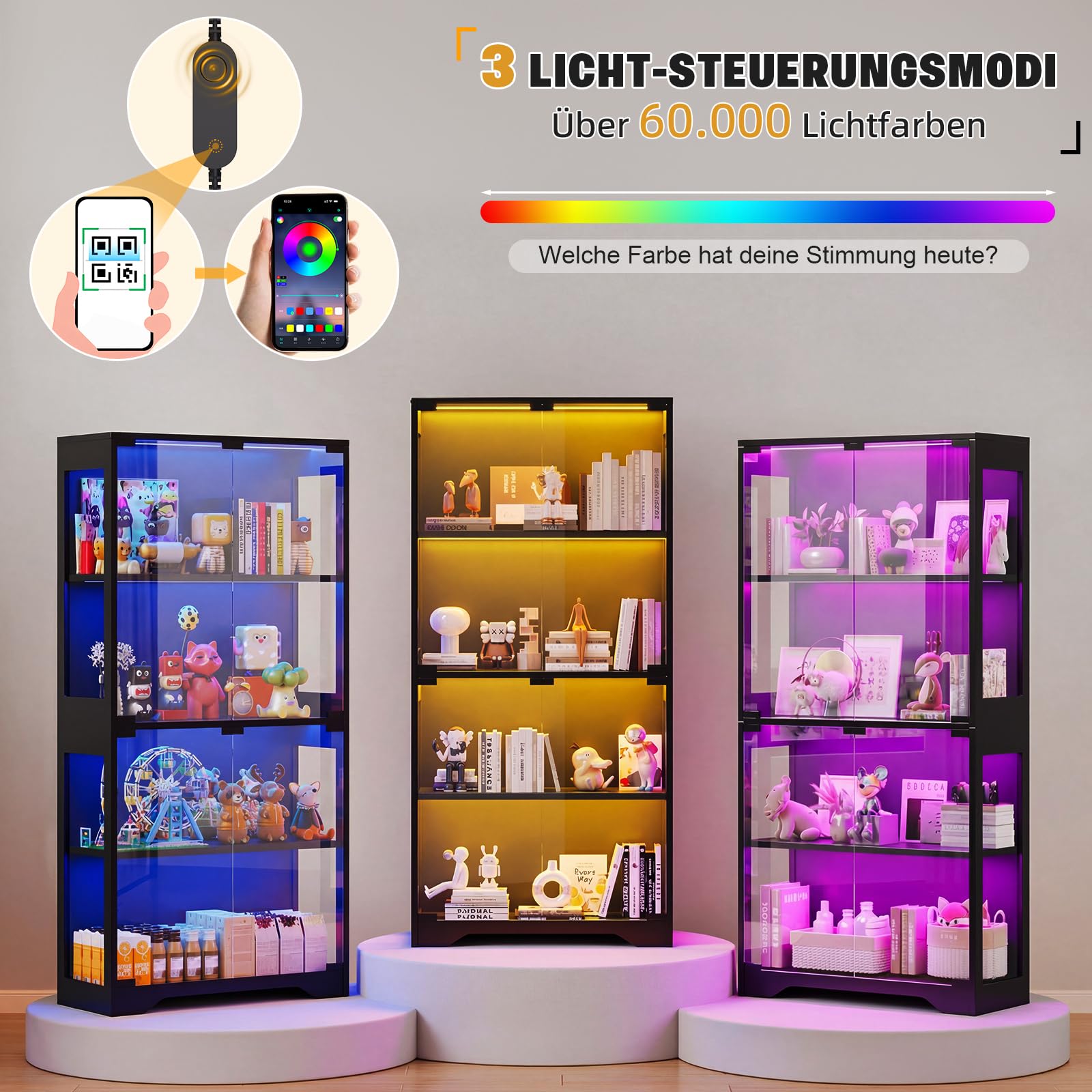 JUMMICO Glasvitrine mit RGB Beleuchtung LED, 80 x 35 x 165,5(H) cm, schwarz | Dynamische Lichteffekte, Über 60.000 Farben, 4 Ebenen, Vitrinen für Sammlerstücke