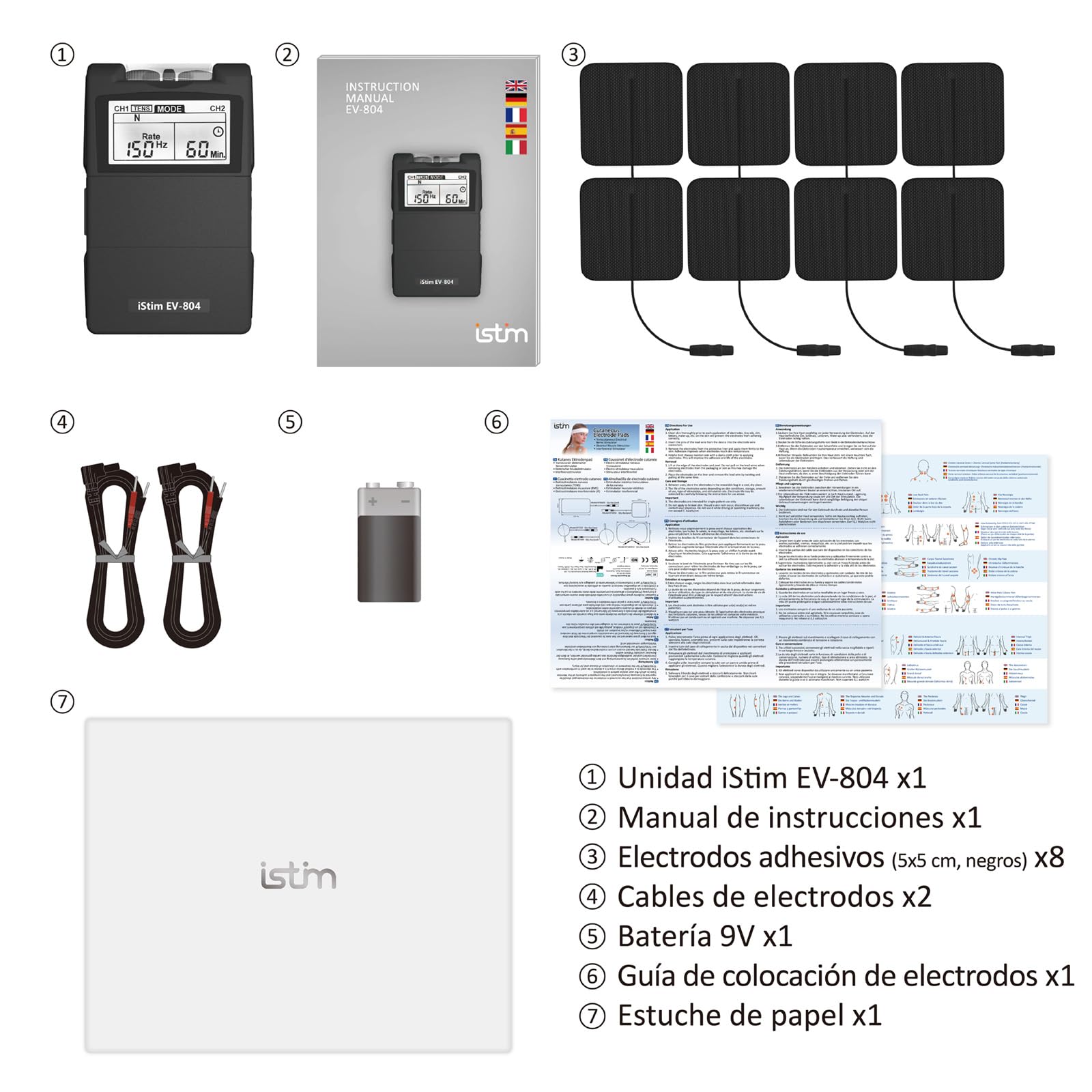 iStim EV-804 TENS/EMS Electroestimulador Muscular– Unidad Digital de 2 Canales con 8 Electrodos Reutilizables, Portátil para Alivio del Dolor, Rehabilitación, Terapia Física y Fortalecimiento Muscular