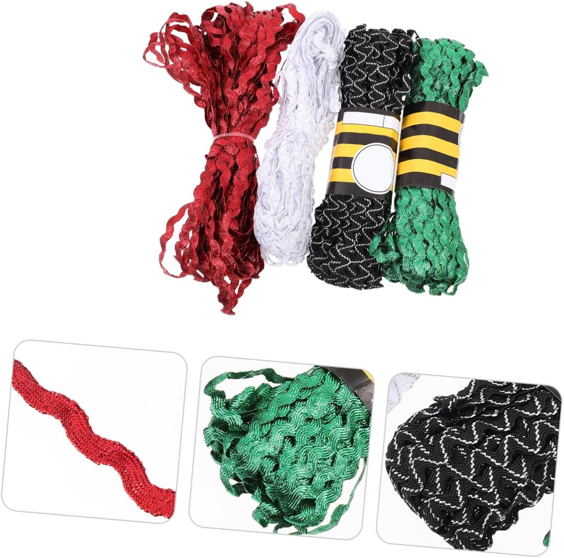 4 Rolls 15 Yards Bending Fringe Rickrack Trim Ribbon 5mm Wavy Sewing Ribbon for DIY Crafts Clothing Decoration Red Green White Black White
