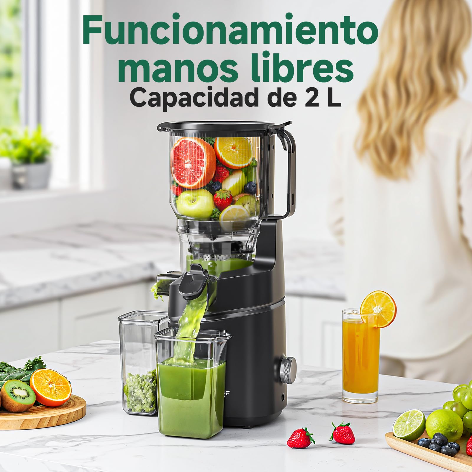 AMZCHEF Extractor de Zumo Automático Multifuncional de 250W, 150MM de Apertura, Exprimidor de Frutas y Verduras de 2 Litros con Triple Filtro - Negro