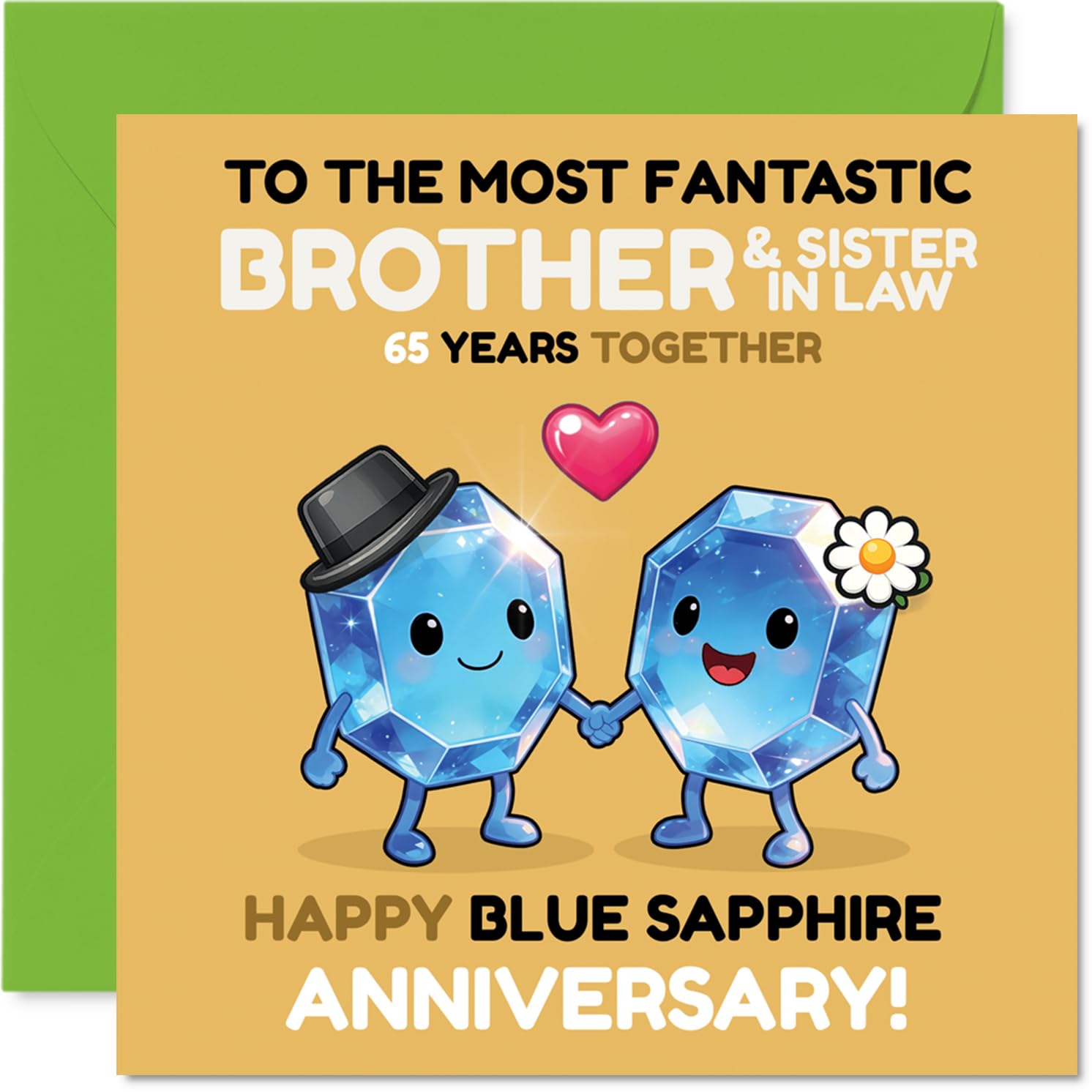 Cute 65th Anniversary Card for Brother & Sister in Law - Gemstone Duo Celebrating 65 Sparkling Years - 145mm Square, Envelope Included