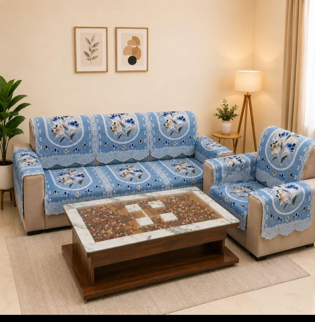 Croox Sofa Cover, Blue, Floral Pattern, Stain Resistant, Machine Wash, 12 Piece Set-image-7