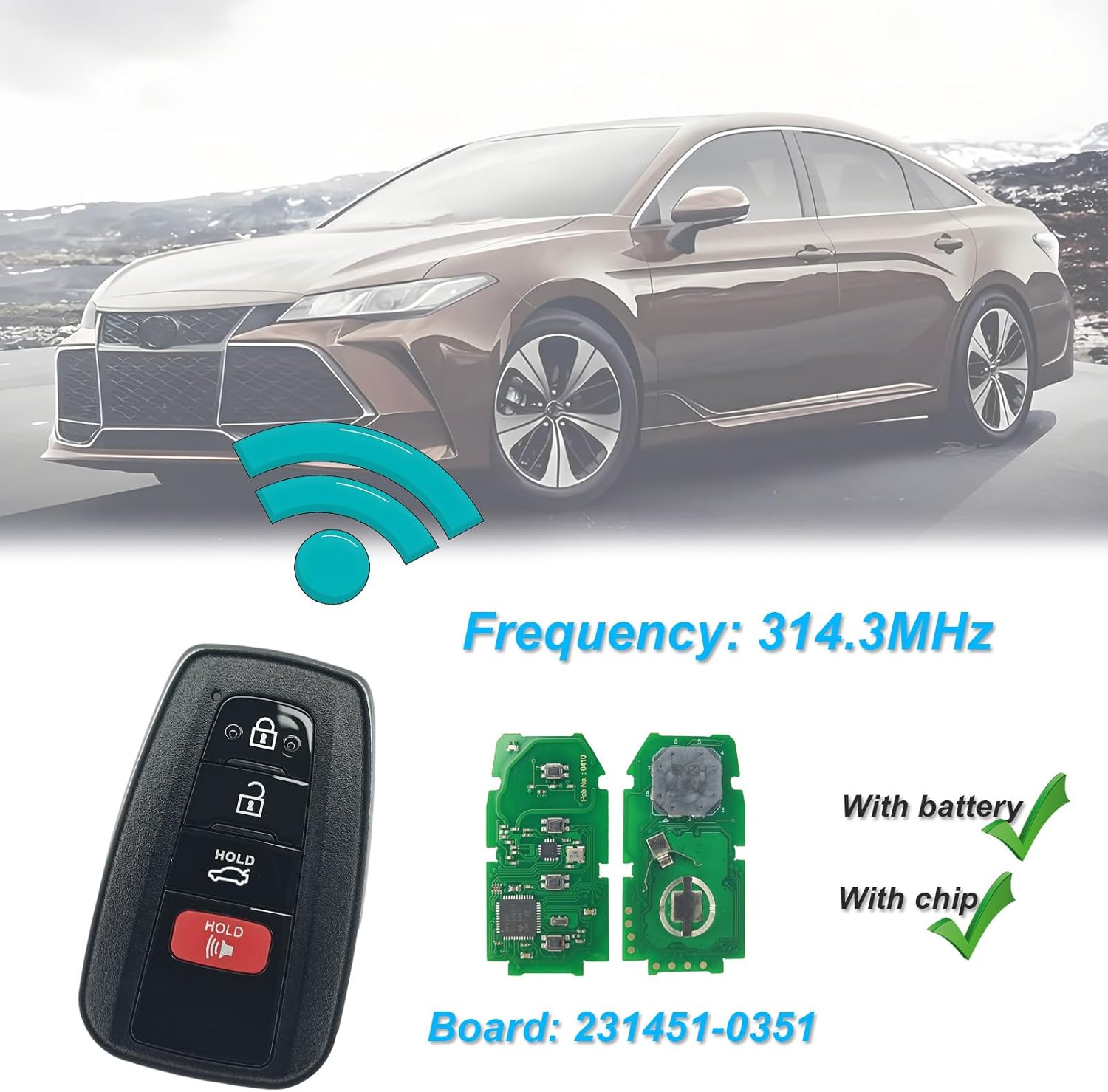 Keyless Entry Remote Smart Key Fob Replacement Fit for Toyota Avalon 2018-2023 Car Key Remote Control 4 Button FCC ID:HYQ14FBC 8990H-07070, 8990H-07080,Board: 231451-0351 314.3MHz