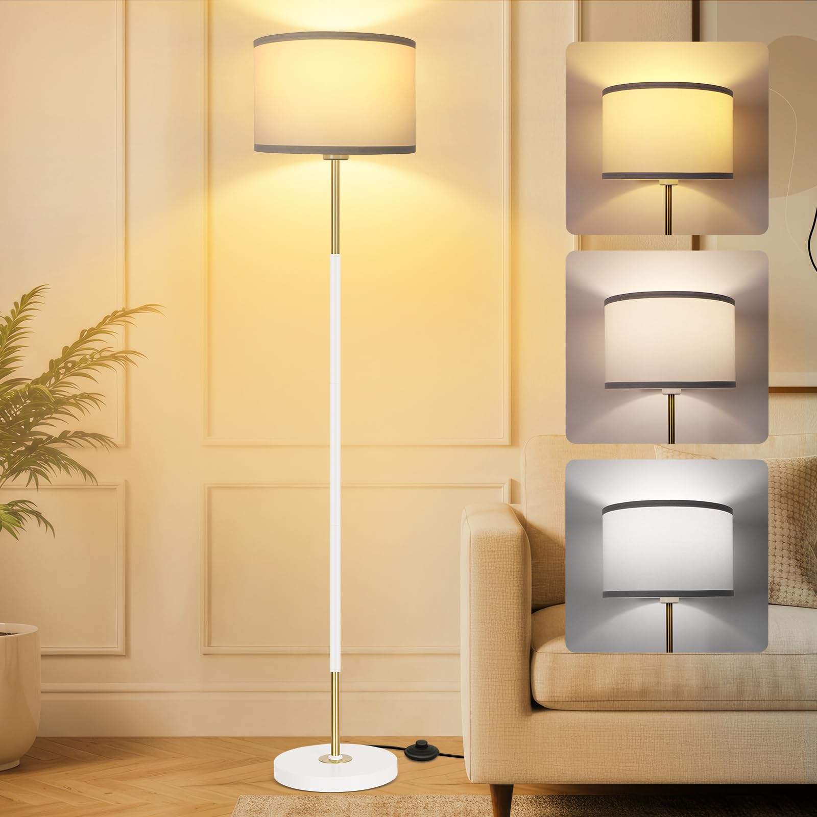 OUTON Lampara de Pie Salon, 3 Temperaturas de Color con 9W E27 Bombilla & Interruptor de Pie, Lámpara de Lectura LED con Pantalla de Lino, Diseño Vintage Moderno para Dormitorio y Oficina (Blanco)