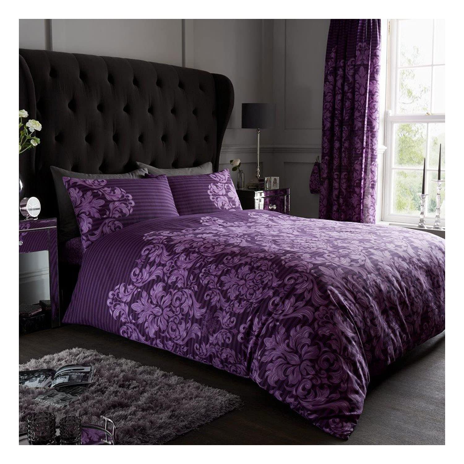 FAIRWAYUK Empire Damask Bedding Set - Duvet Covers King Size Beds with Matching Pillowcase, Ultra Soft Poly Cotton Quilt Covers, Reversible Button Closure, 230x220cm, Purple