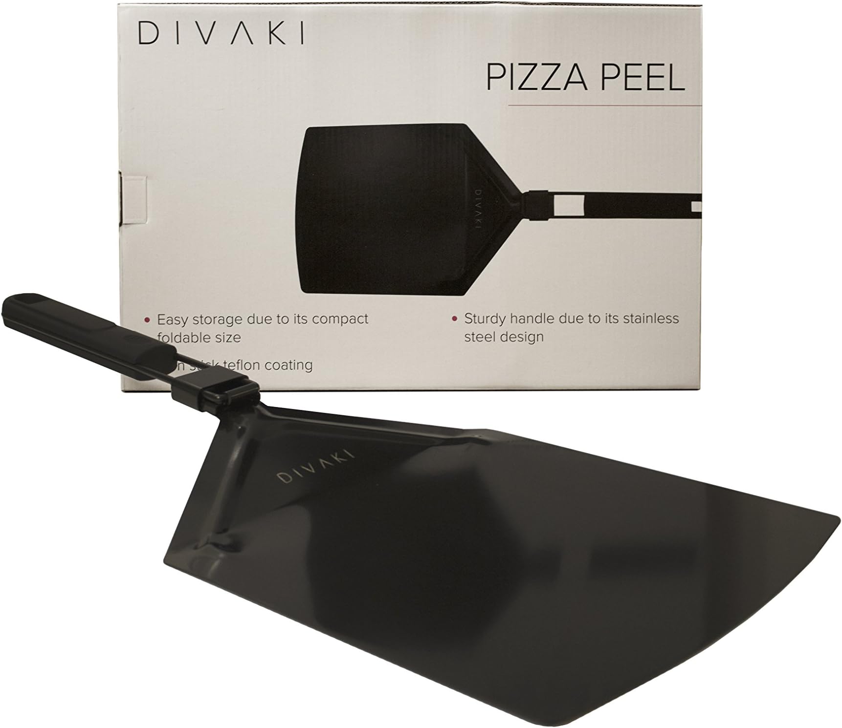Stainless Steel Pizza Peel with Ergonomic Folding Handle, Non Stick Coating - 13" x 9.5" Paddle Size - Dishwasher Safe