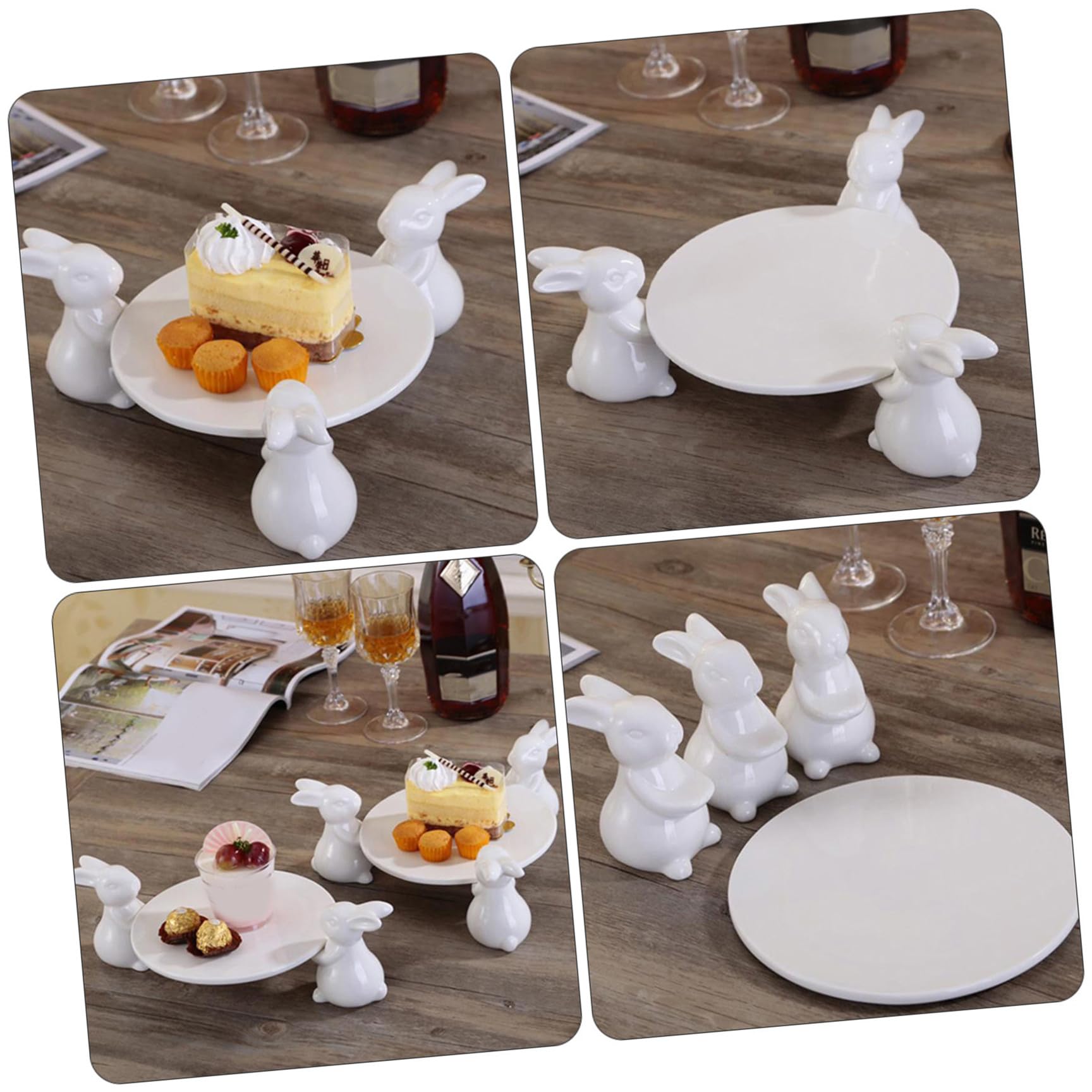 NOLITOY Plato de Cerámica Conejitos, Redondo, Blanco, para Postres
