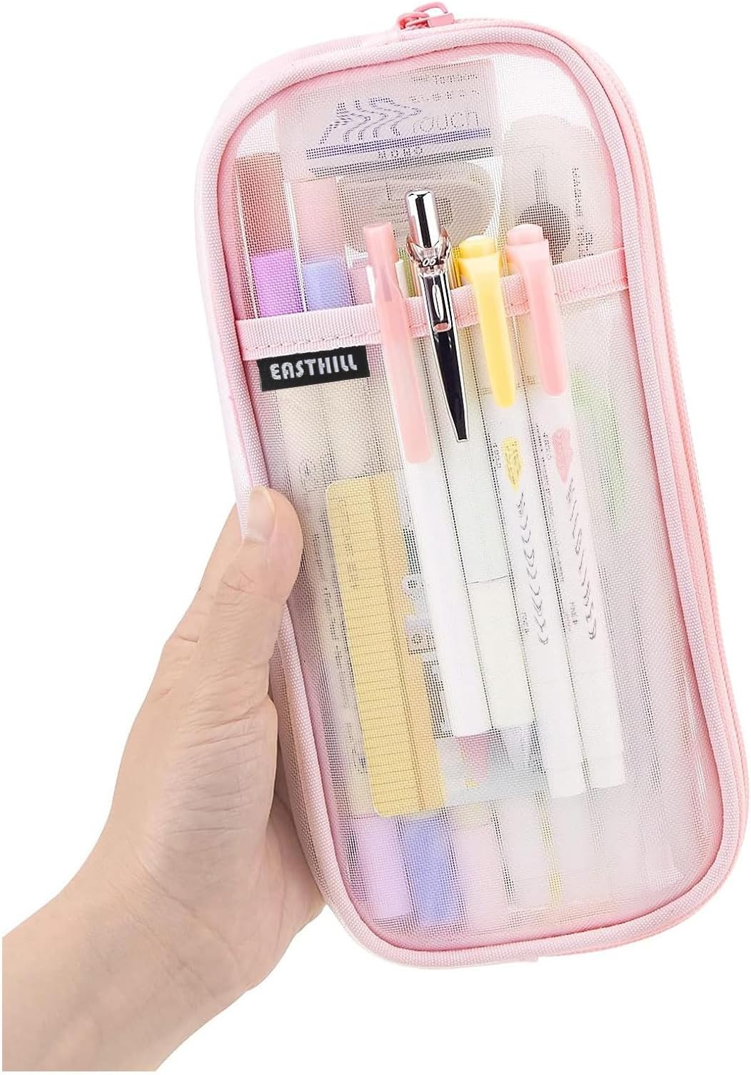 Grid Mesh Pen Pencil Case with Zipper Clear Makeup Color Pouch Cosmetics Bag Multi-Purpose Travel School Teen Girls and Boys Transparent Stationary Bag Office Organizer Box for Adluts(Pink)