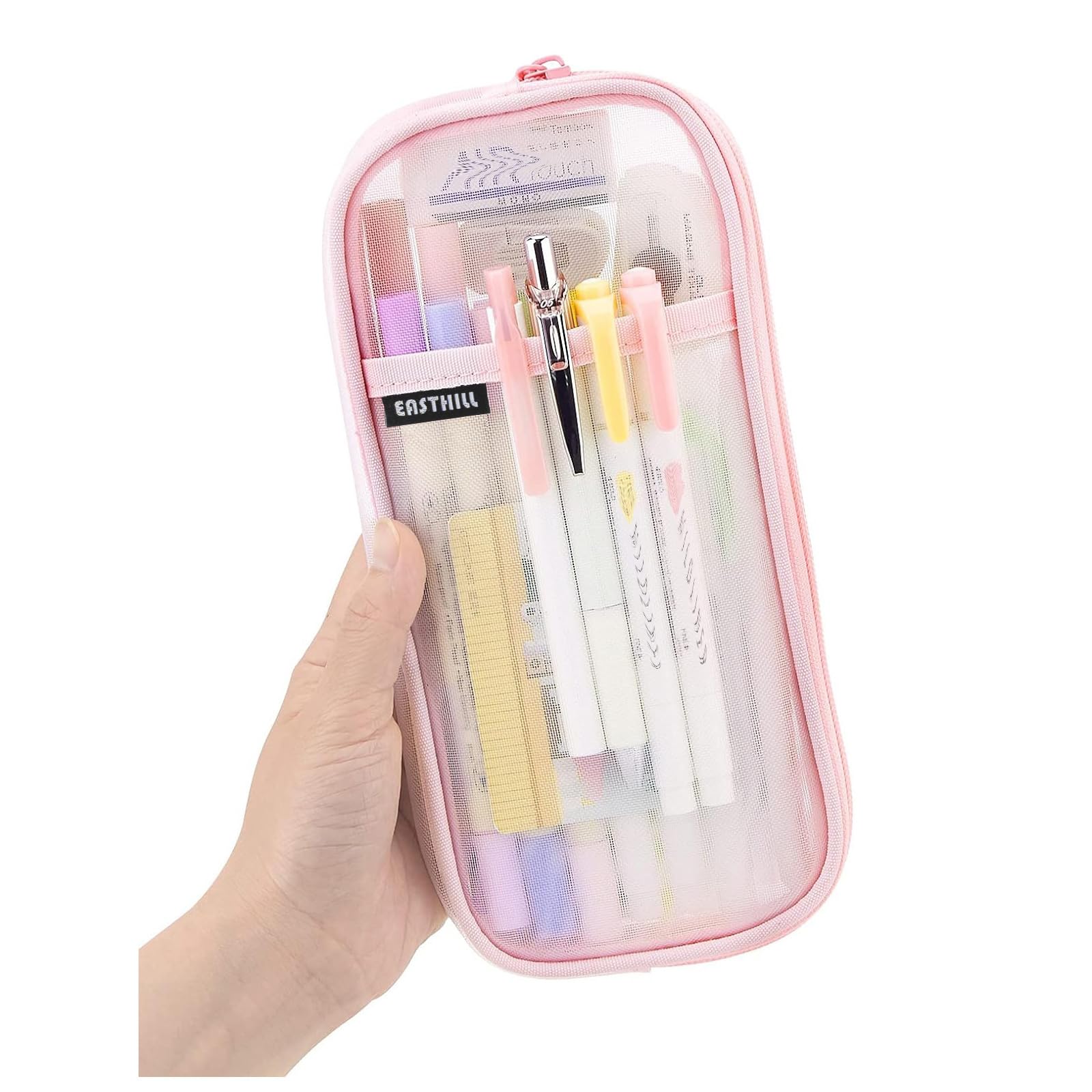 Grid Mesh Pen Pencil Case with Zipper Clear Makeup Color Pouch Cosmetics Bag Multi-Purpose Travel School Teen Girls and Boys Transparent Stationary Bag Office Organizer Box for Adluts(Pink)