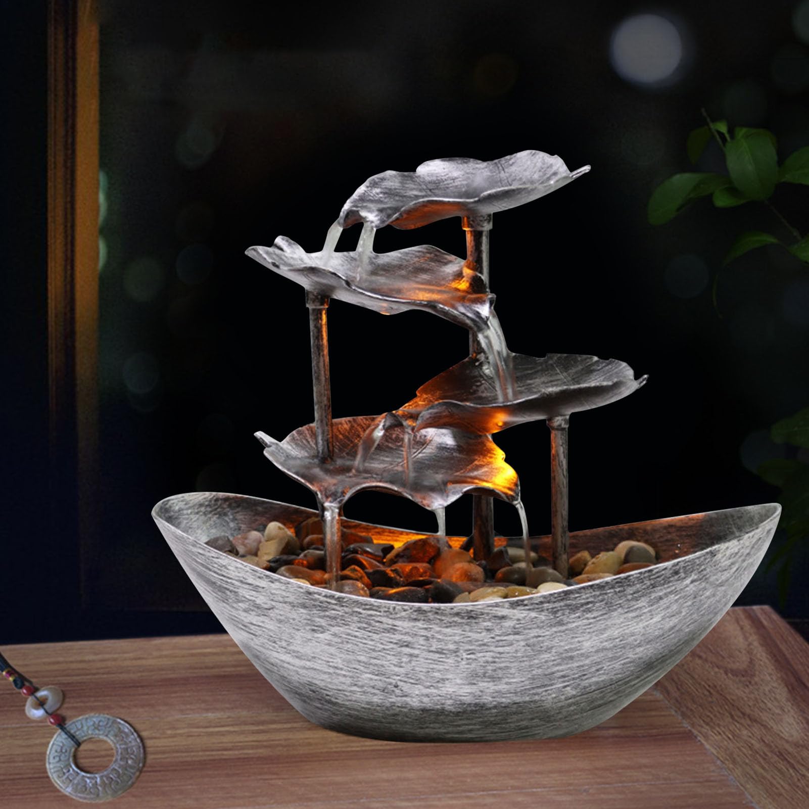 Fuente De Agua De Mesa - Fuent De Cascada Pequeña De Hoja De Loto De 4 Niveles con Bomba Automática E Interruptor De Encendido, Fuente Interior USB con Luces LED | Decoración De Escritorio Relajante