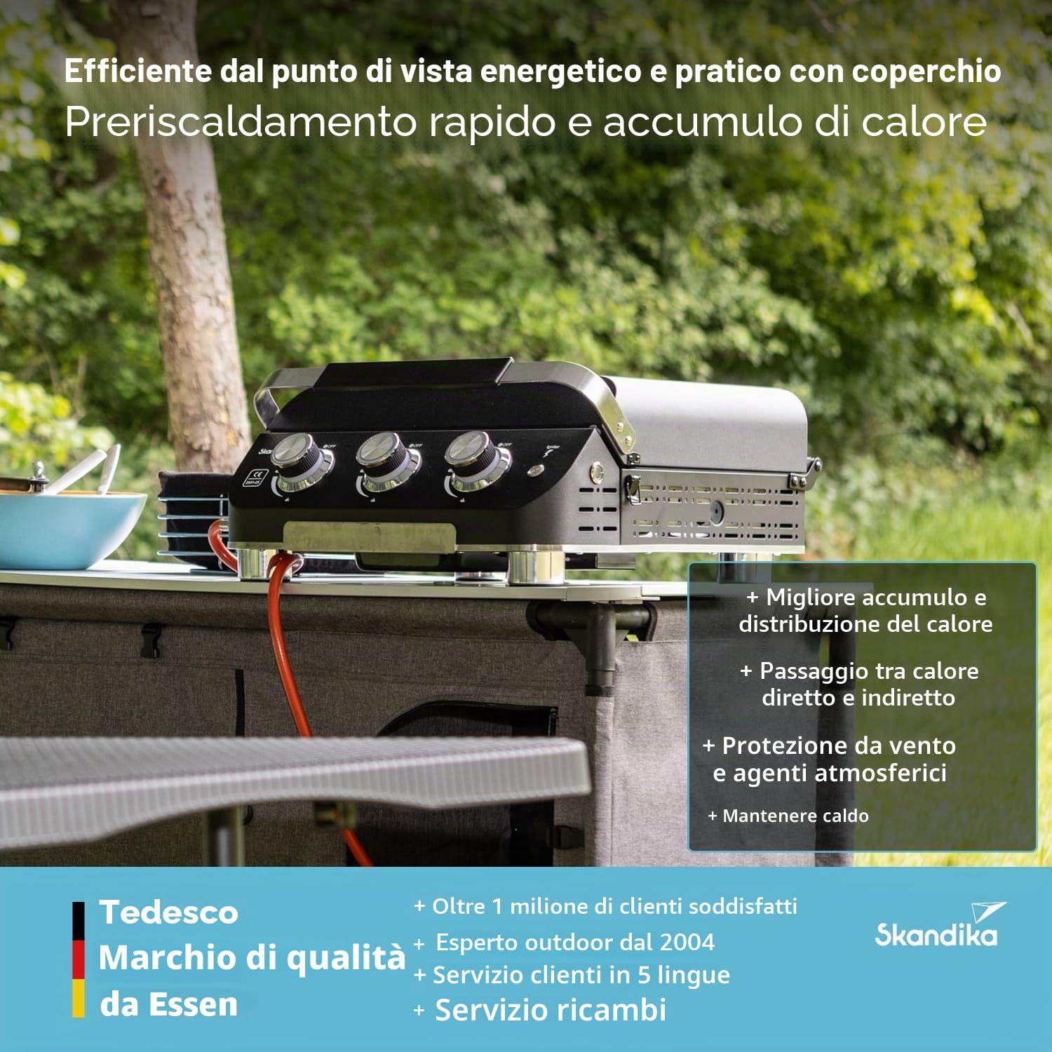Skandika Gasplancha Palo | Piastra grill a gas senza/con coperchio Plancha, 3 bruciatori, vassoio di sgocciolamento, grill a gas trasportabile con piastra di cottura (con coperchio)