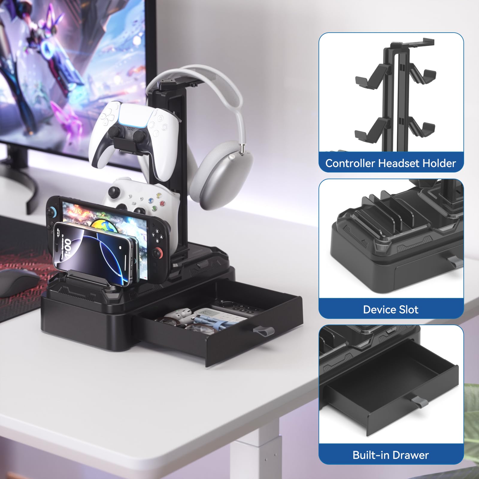 KDD Support Casque avec Tiroir - Porte Casque Rotatif & Manette Amovible pour Bureau - Organisateur Multifonctionnel avec Emplacement pour Téléphones, Tablettes - Accessoires Gaming