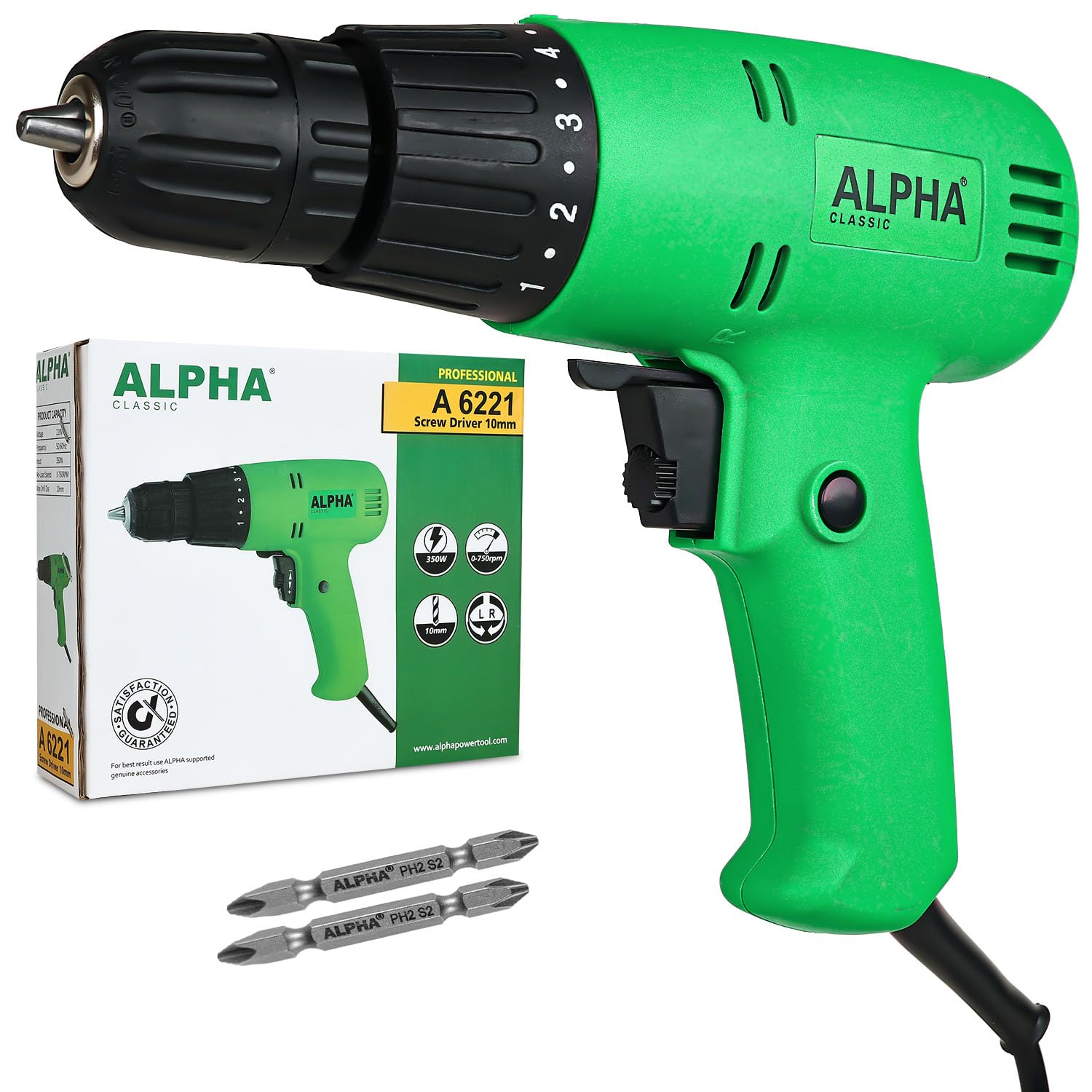 Alpha Corded Drill Machine Electric Screw Driver Drill, 350W, 10mm Keyless Chuck, 750 Rpm, Variable Speed, Forward/Reverse Rotation, With Lock-On & 2 Screw Bits, For Home & DIY Use for Wood | Green (B0D9M61NCJ) Amazon Price History, Amazon Price Tracker