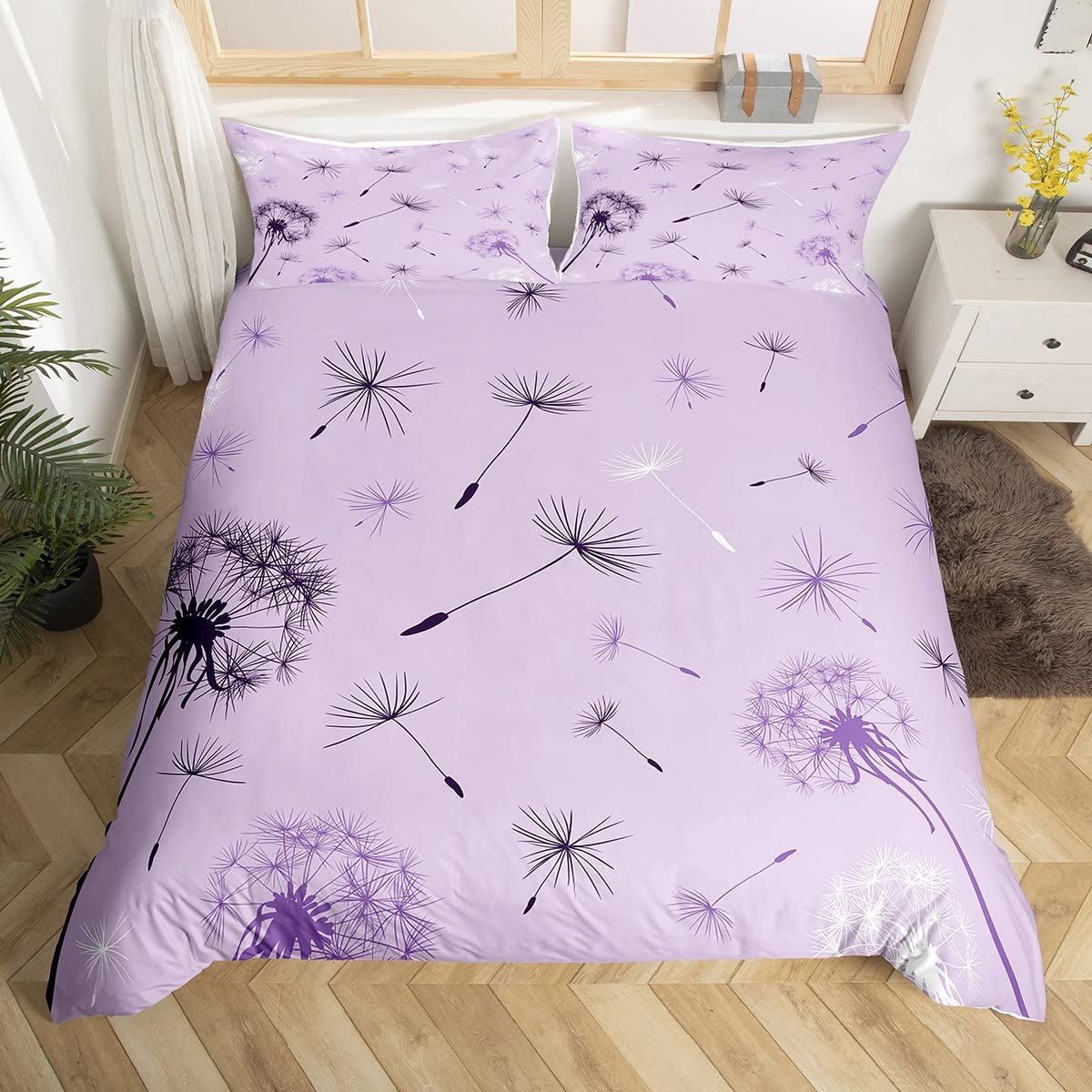 Dandelion Duvet Cover Set Single Size, Black White Purple Dandelion Flower Comforter Cover with 1 Pillowcase, Botanical Floral Bedding Set 2pcs for Kids Girls Room Decor, Lilac Bedspread Cover