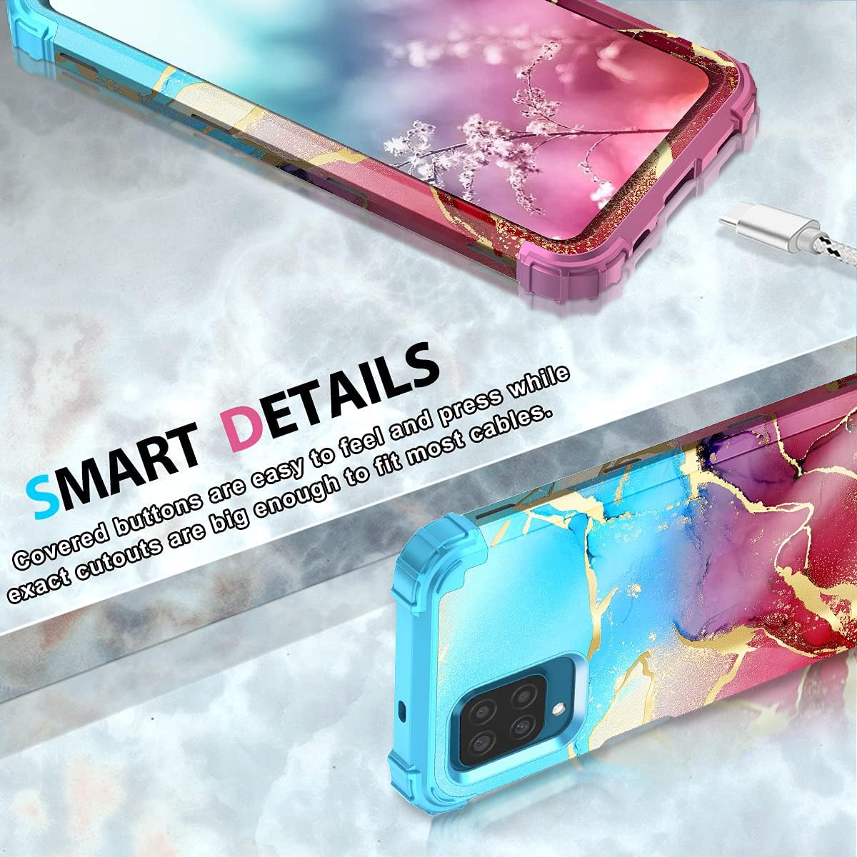 Rancase for Galaxy A12 Case,Three Layer Heavy Duty Shockproof Protection Hard Plastic Bumper +Soft Silicone Rubber Protective Case for Samsung Galaxy A12,Blue/Red