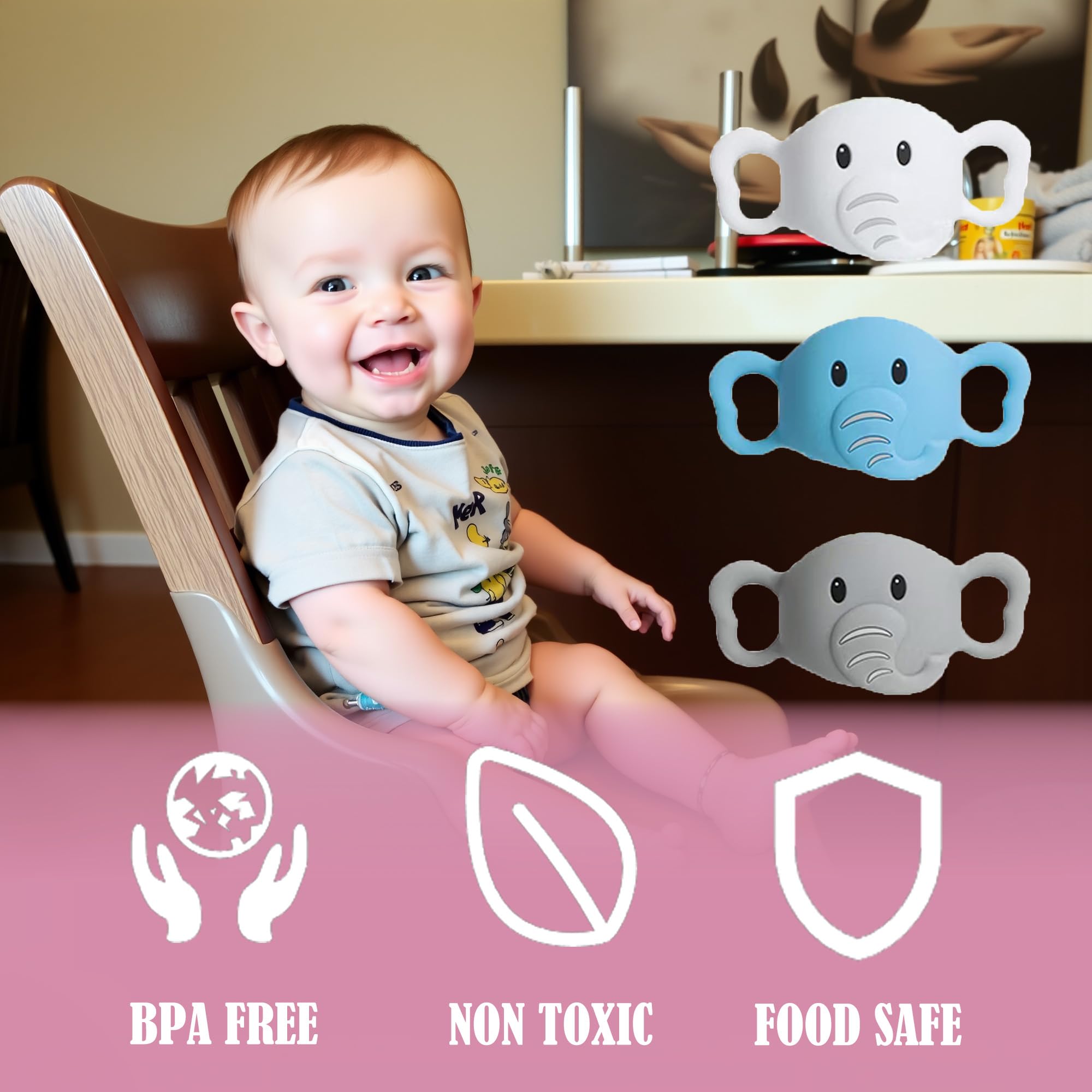 3 Pack Silicone Baby Bottle Handles for Dr. Brown’s Narrow & Wide Baby Bottles Hoder, Elephant Design, Easy Grip Self-Feeding Universal Bottle Handle, BPA-Free, 100% Silicone, White, Gray, Blue