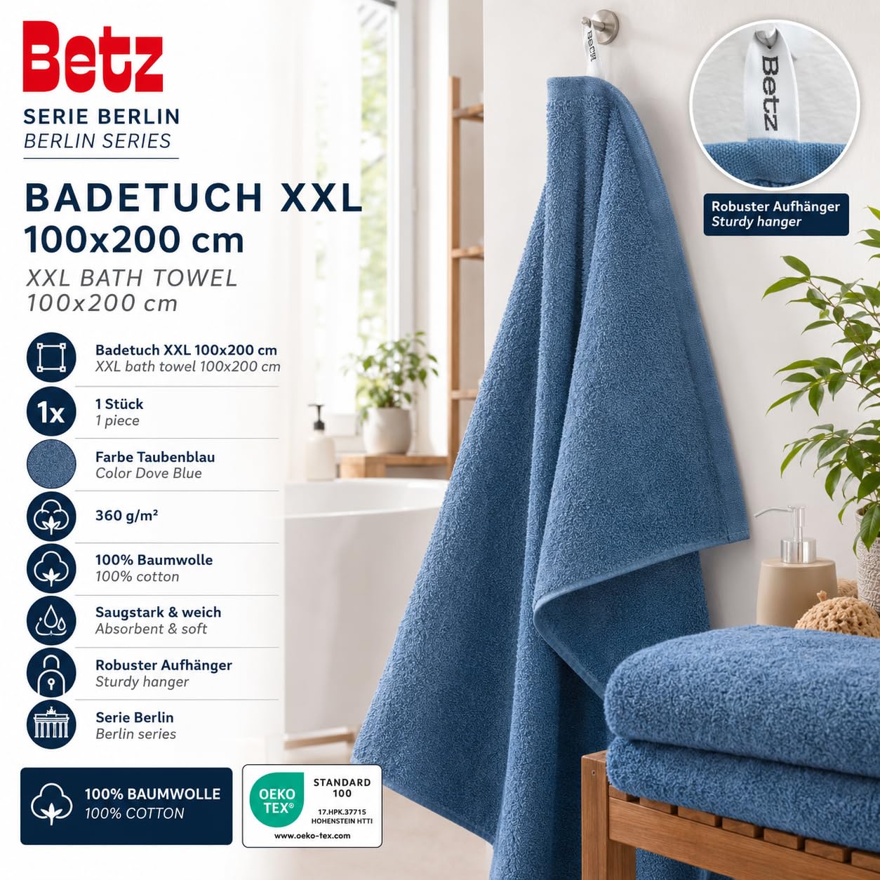 Betz Drap de Bain XXL 100x200 cm – 1 pièce – pour Sauna et Plage en 100% Coton, 360 g/m² - Absorbant et Doux – Grande Serviette avec Attache Serviette – série Berlin - Couleur Bleu Pigeon
