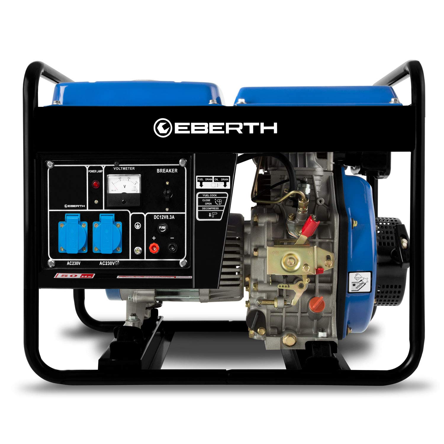 EBERTH 2000 Watt di energia elettrica di emergenza diesel, generatore di corrente con motore diesel da 3,8 CV, 4 tempi, 2 x 230 V, 1 x 12 V, regolatore automatico AVR, antimancanza di olio, avviamento