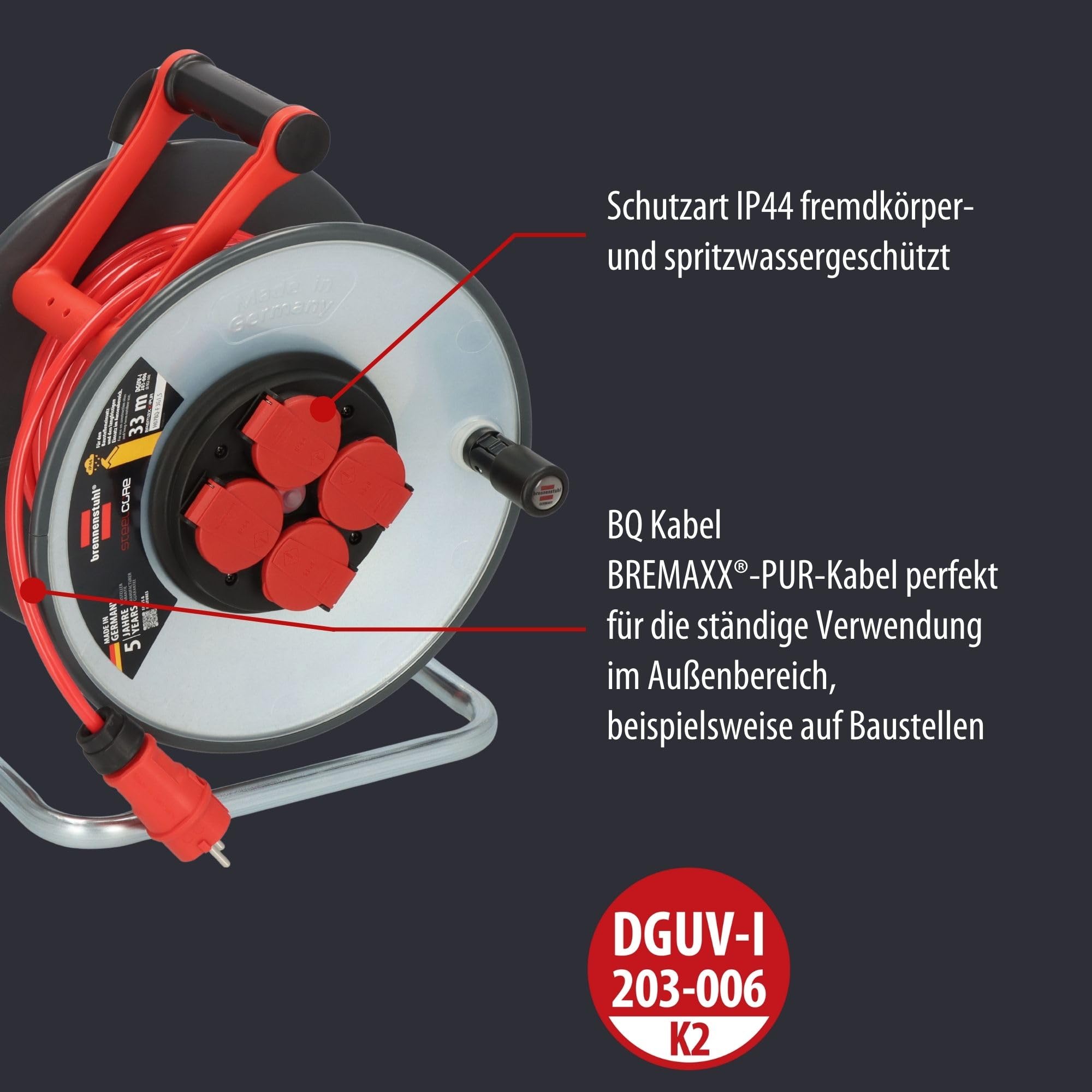 Brennenstuhl Professional SteelCore SC 3110 IP44 (33 m H07BQ-F 3G1,5 cavo, bobina in lamiera d'acciaio, utilizzo in cantiere e uso esterno permanente, Made in Germany)