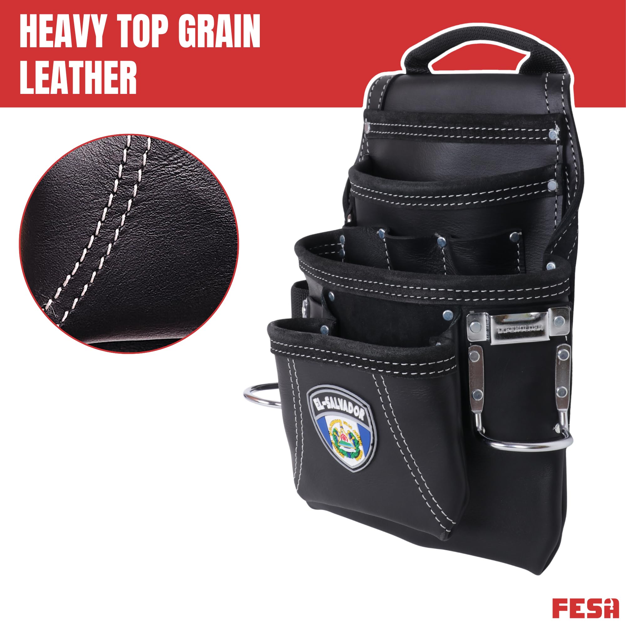 FESA Sac à outils en cuir – 10 poches en cuir pleine fleur avec 2 boucles pour marteau, grandes et petites poches – Convient aux ceintures de travail jusqu'à 7,6 cm – Fait à la main – Motif campagnard