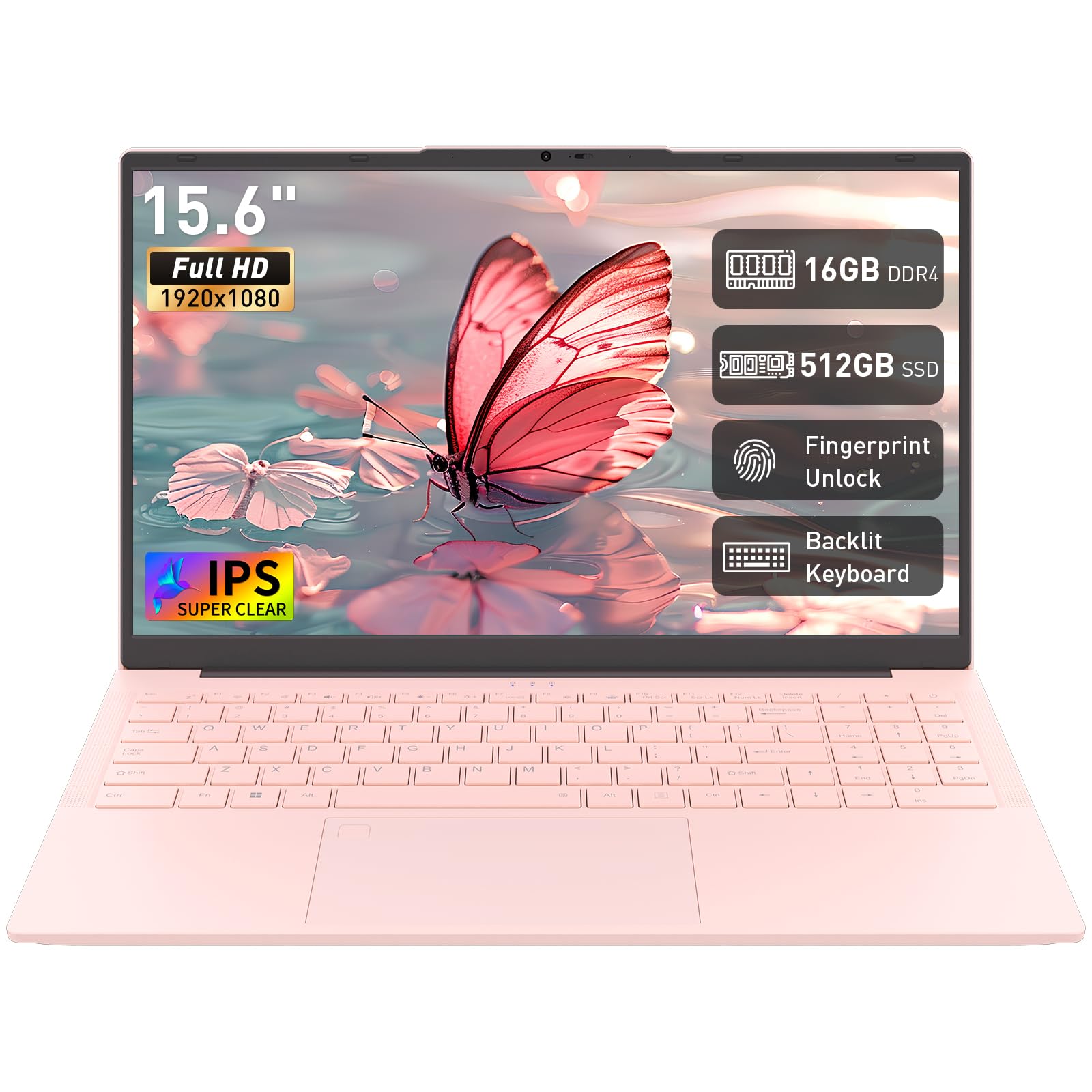 Auusda 15.6" FHD Laptop for Students & Work, 16GB Dual RAM, 512GB SSD, Backlit Keyboard, Fingerprint Sensor, Pro System, Dual core Processor, Full-featured USB C, USB 3.0/2.0, HDMI, Pink