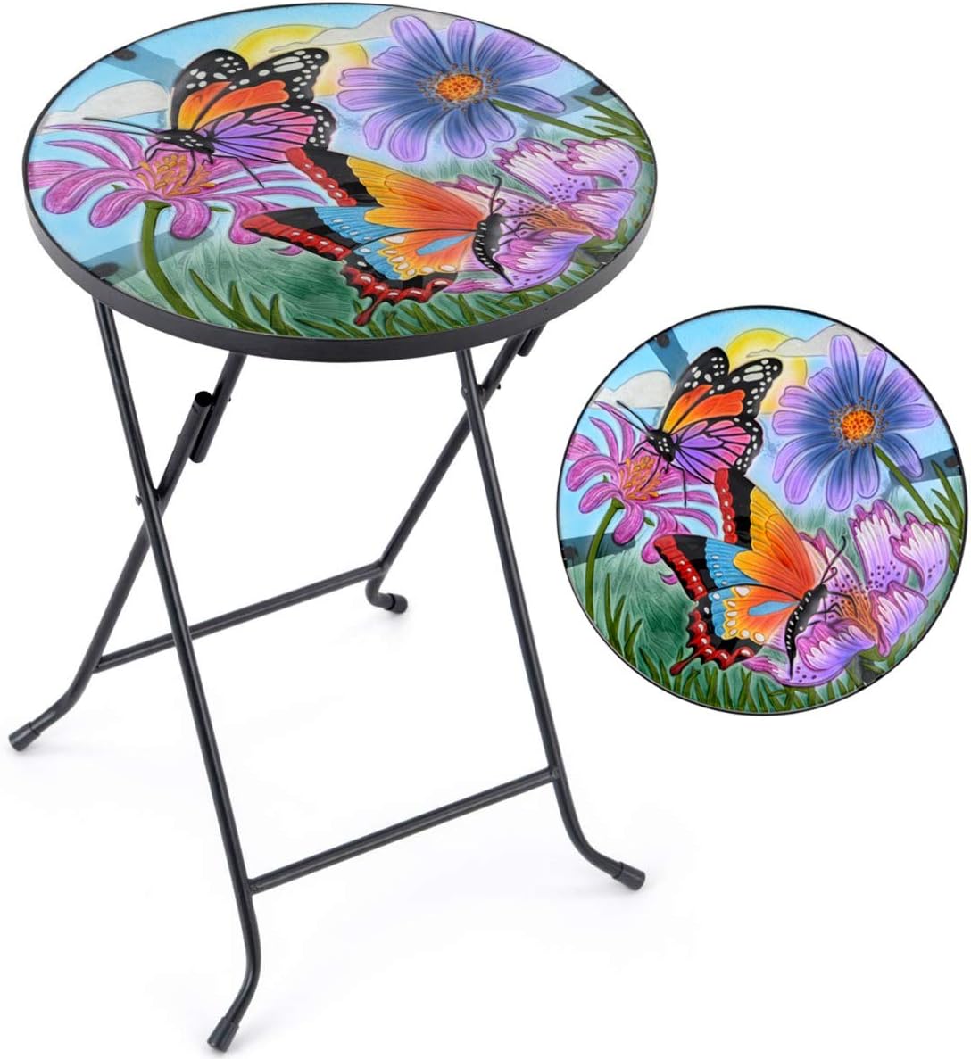 CHRISTOW Glass Top Bistro Table Small Folding Garden Patio Decoration Painted Butterfly