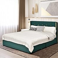 Vista 7 de KOTEK Base de cama tapizada de tamaño matrimonial con 4 cajones, base de cama de plataforma con cabecera copetuda con botones y soporte de listones