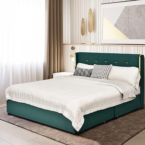 Miniatura 7 de KOTEK Base de cama tapizada de tamaño matrimonial con 4 cajones, base de cama de plataforma con cabecera copetuda con botones y soporte de listones