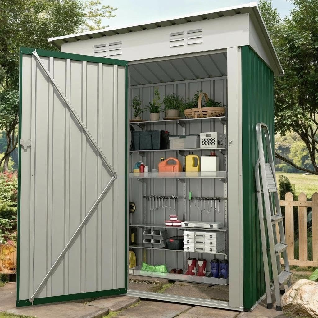 5×3 ft Outdoor Storage Shed, 67 CU.ft Metal Tool Shed with Sloping Roof and Lockable Door, Compact Garden Shed for Backyard, Patio and Lawn Organization, Green - 1