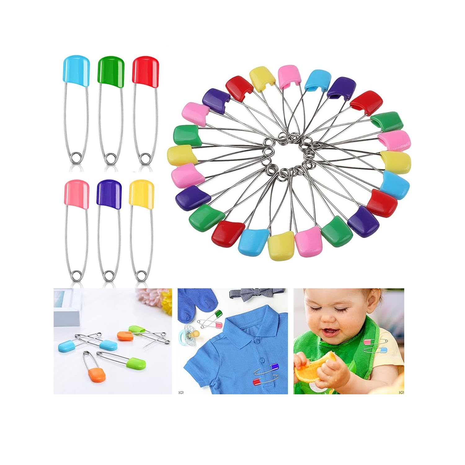 Evogirl Safety Colors Plastic Head Saree Safety Pin Safety Locking Baby Cloth Diaper Nappy Pins 4.5cm Long