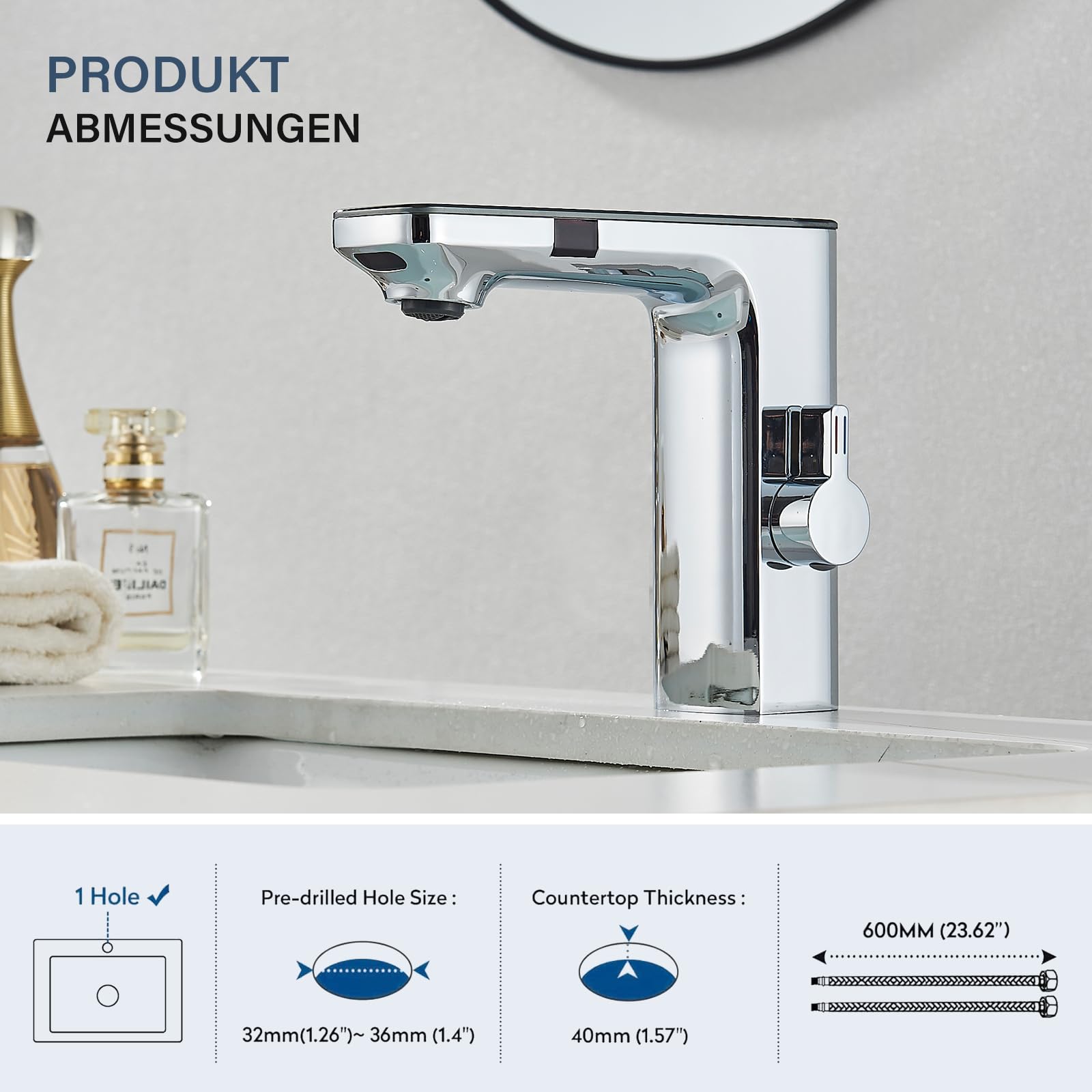 Robinet à capteur infrarouge pour salle de bain chrome, mitigeur de salle de bain à capteur automatique, affichage numérique, écran chaud/froid mitigeur lavabo