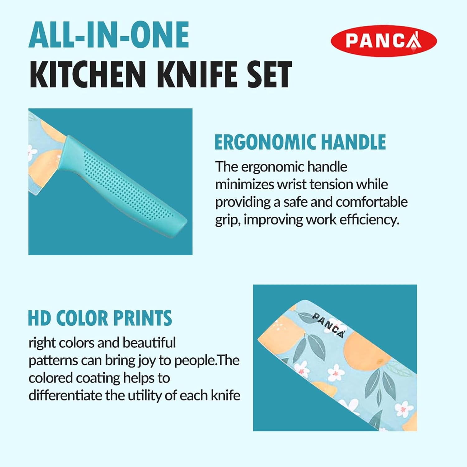 PANCA Knife Set for Kitchen Professional 3 Pieces High Carbon Stainless Steel Colour Printed Coated Chef Knife I Utility Knife I Sontuku Knife I Kitchen Knives with Ergonomic Handle(Blue)