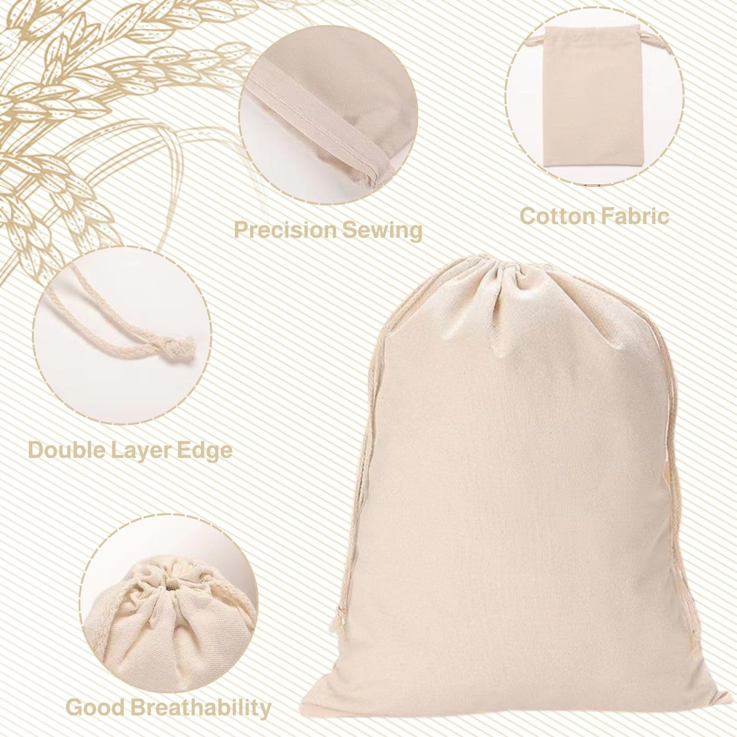 Lot de 4 sacs à pain en lin 30 x 40 cm avec cordon de serrage réutilisables