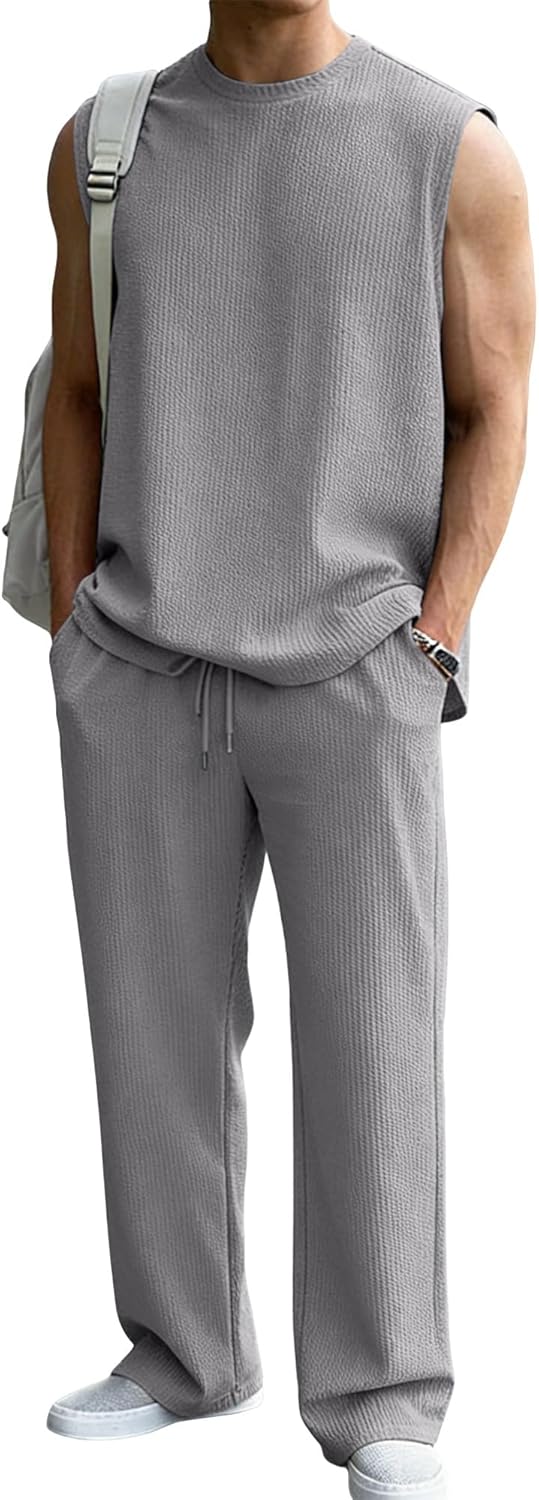 JMIERR 2026 Men 2 Piece Set Casual Tank Loose Fit Pants Elastic Textured Rib Beach Lounge Sleeveless Shirts