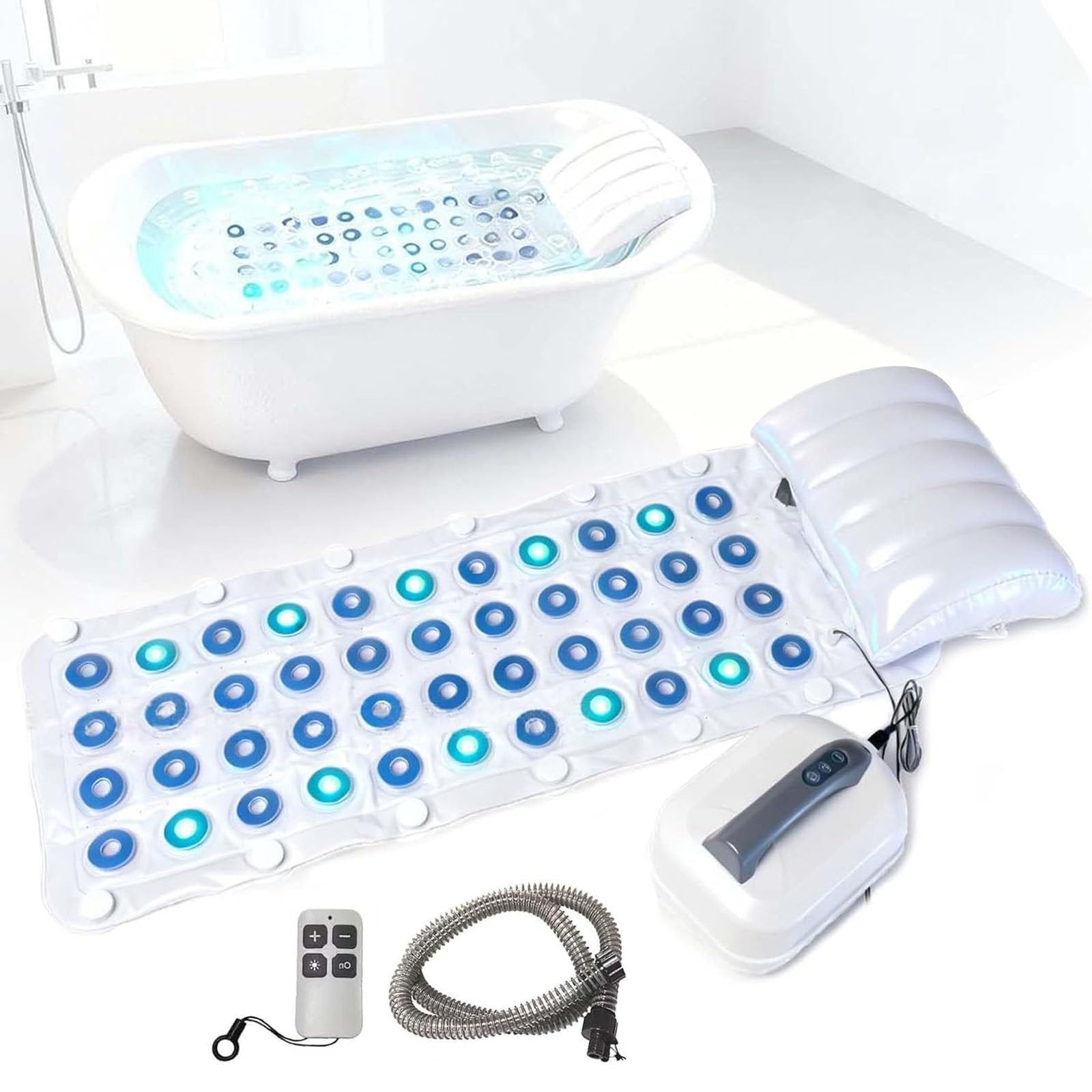 Tapis De Bain à Remous Portable pour Spa, Baignoire à Tapis à Bulles avec 6 Niveaux Réglables Et Télécommande, Pompe à Air Et Lumières LED, Machine à Bulles pour Baignoire