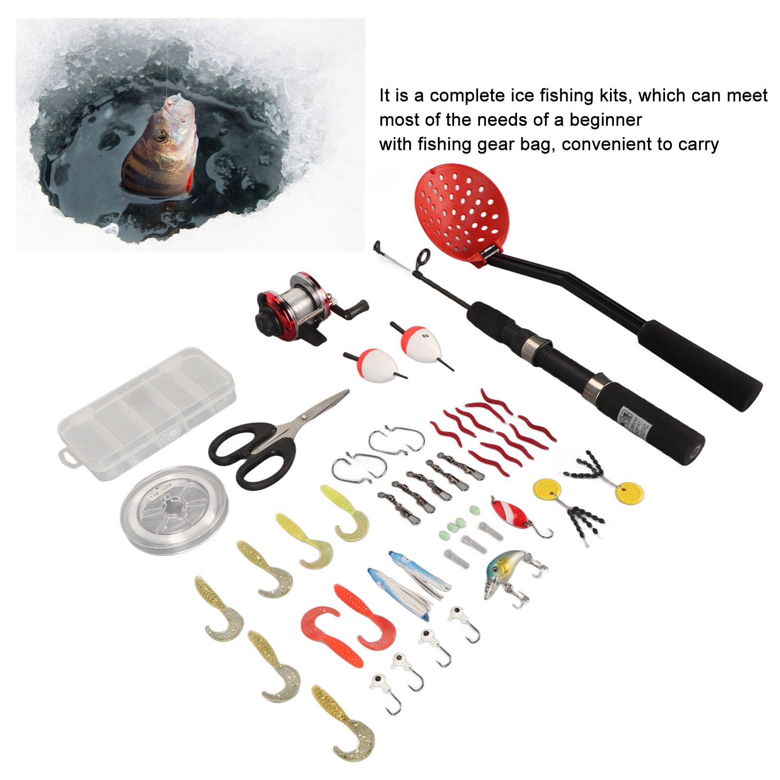 Eisangelrute, 50 cm, Angelrolle, Löffel, komplettes Set mit Tasche für Angelausrüstung, Eismaterial, Komplett-Set