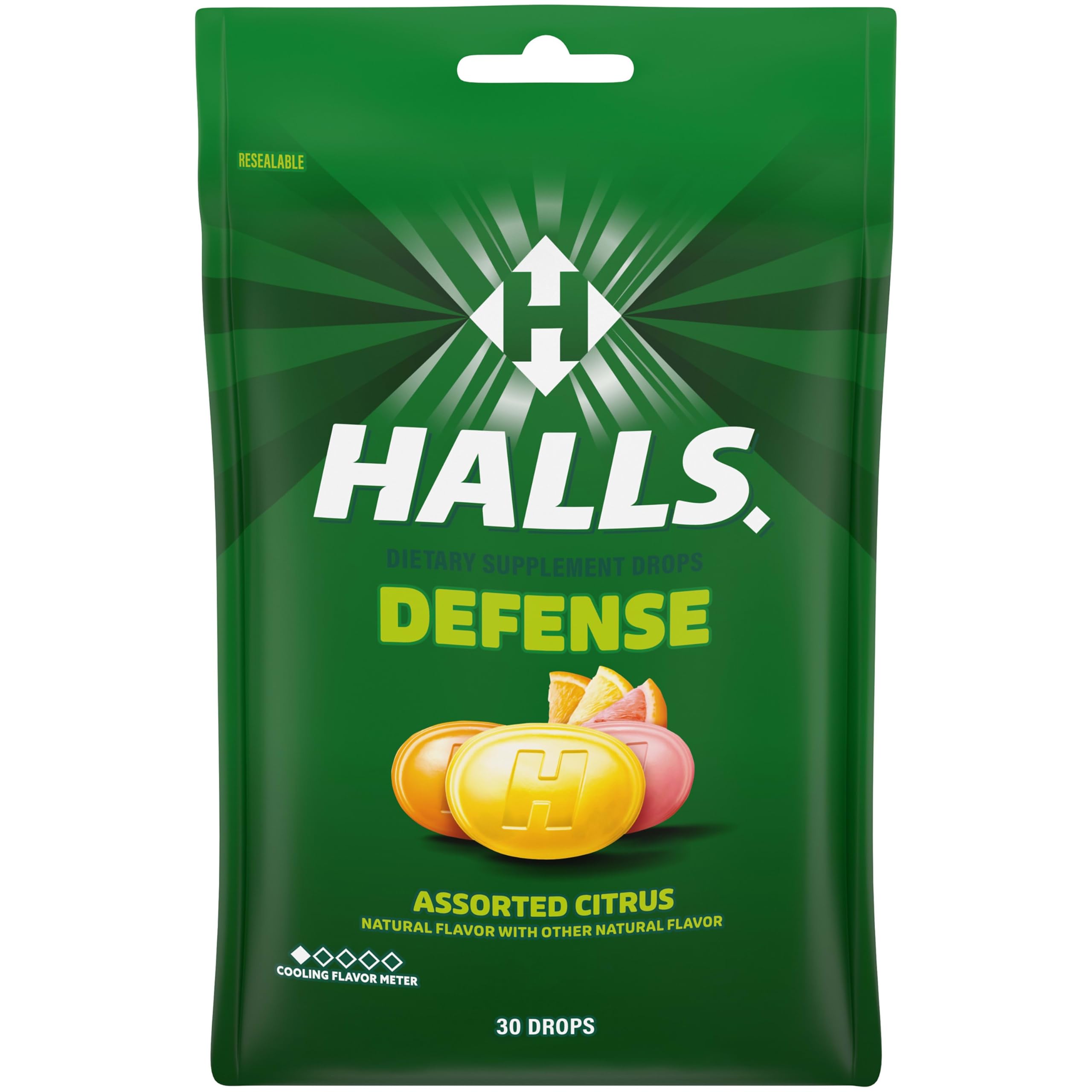 HALLS Defense Assorted Citrus Vitamin C Dietary Supplement Drops, 30 ct | Throat Drops