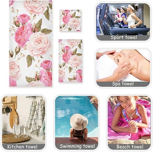 Miniatura 7 de Juego de 3 toallas de baño, suaves y altamente absorbentes, hermosas toallas de baño florales rosas con estampado de rosas rosas (juego de 3, 1