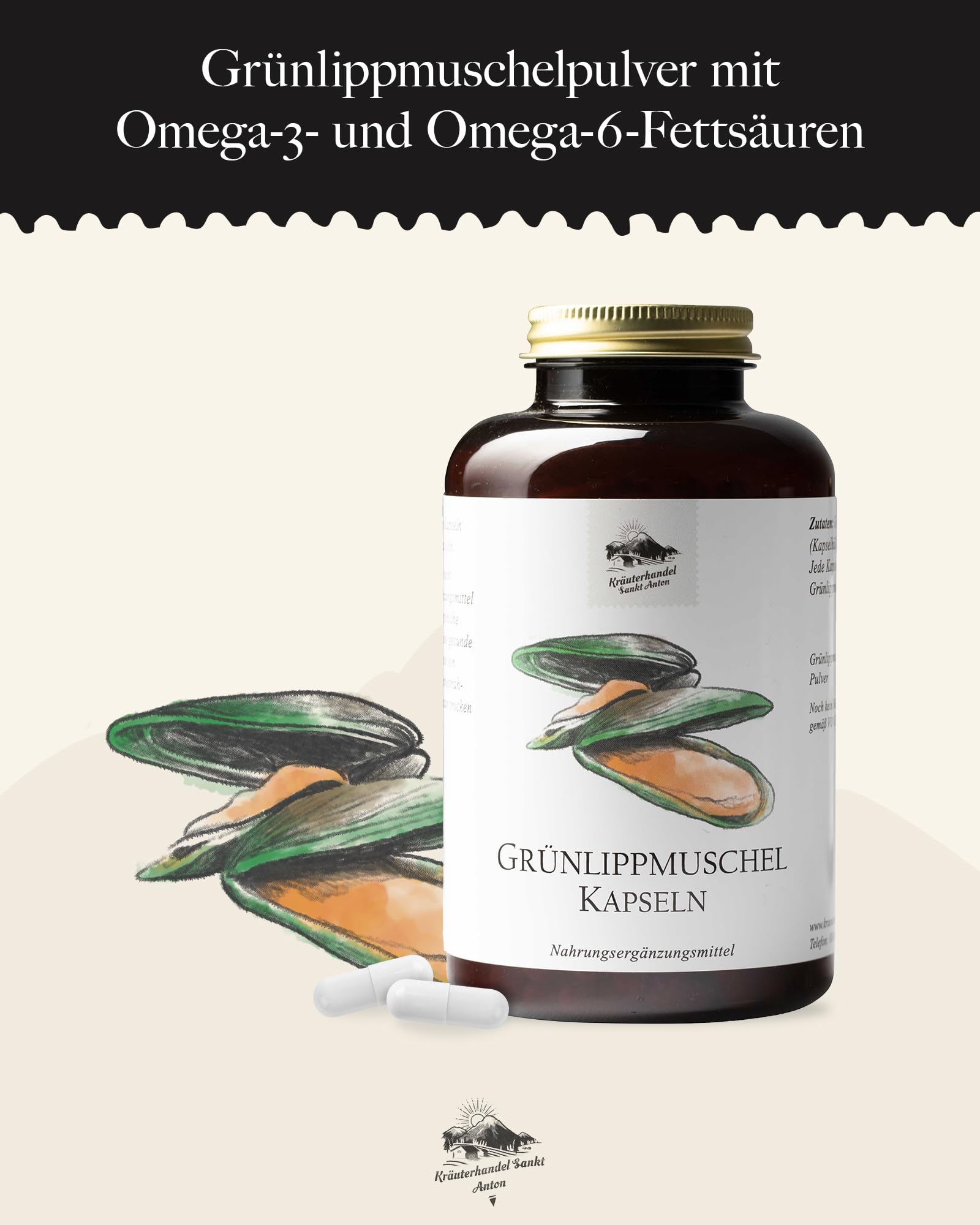 KRÄUTERHANDEL SANKT ANTON - Grünlippmuschel Kapseln, 150 Kapseln für 1-3 Monate, Nahrungsergänzungsmittel mit Grünlippmuschel-Konzentrat, 500 mg pro Kapsel, Premium Qualität