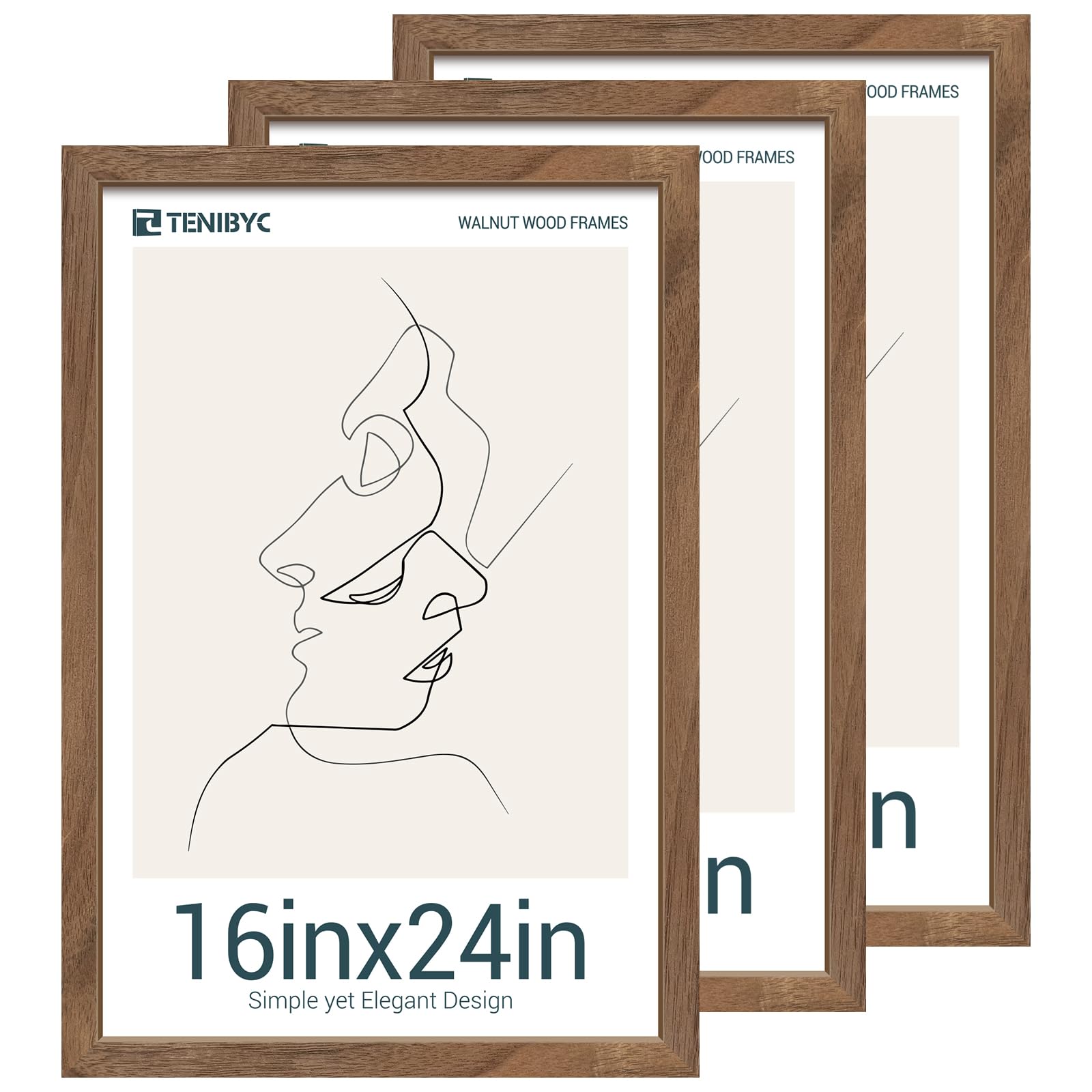 TENIBYC 16x24 Poster Frame 3 Pack - Brown Walnut, Natural Solid Wood Picture Frame, Wall Gallery Frame