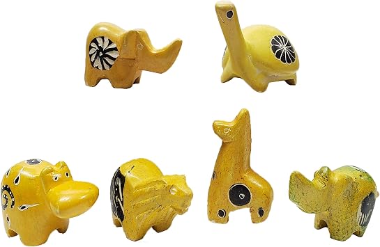 Jungle Safari Assorted 2-inch Wild Animals Soapstone Hand-Made Vary in Color and Animals Yellow, 6 Pack