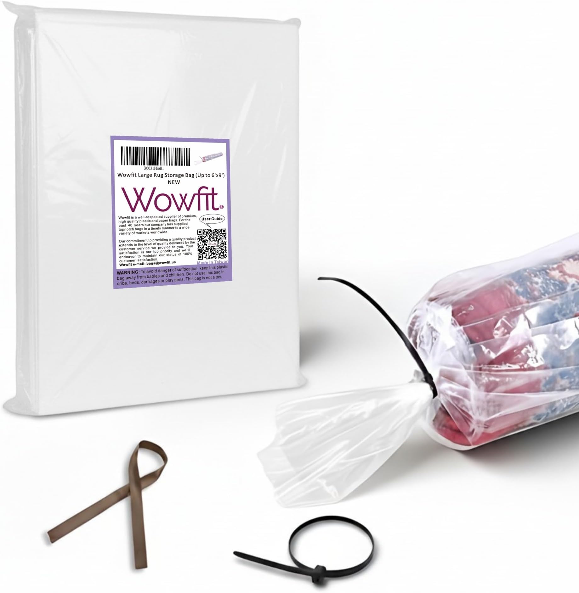 Wowfit Large Plastic Rug Storage Bag with Zip Tie, Fits Rug up to 6'x9', Perfect for Moving, Packing and Shipping